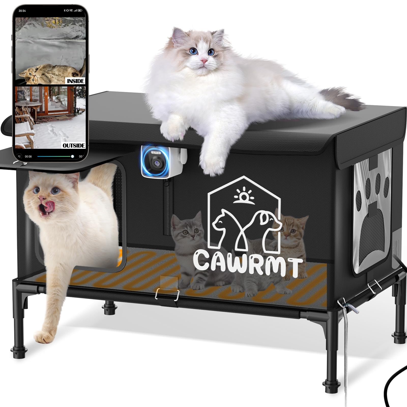 Heated Cat House with Camera - Waterproof & Insulated Outdoor Cat Shelter for Winter, Weatherproof Feral Cat House for Stray & Barn Cats (Black, Large) - Perfect for Backyard, Garden & Cold Weather Protection