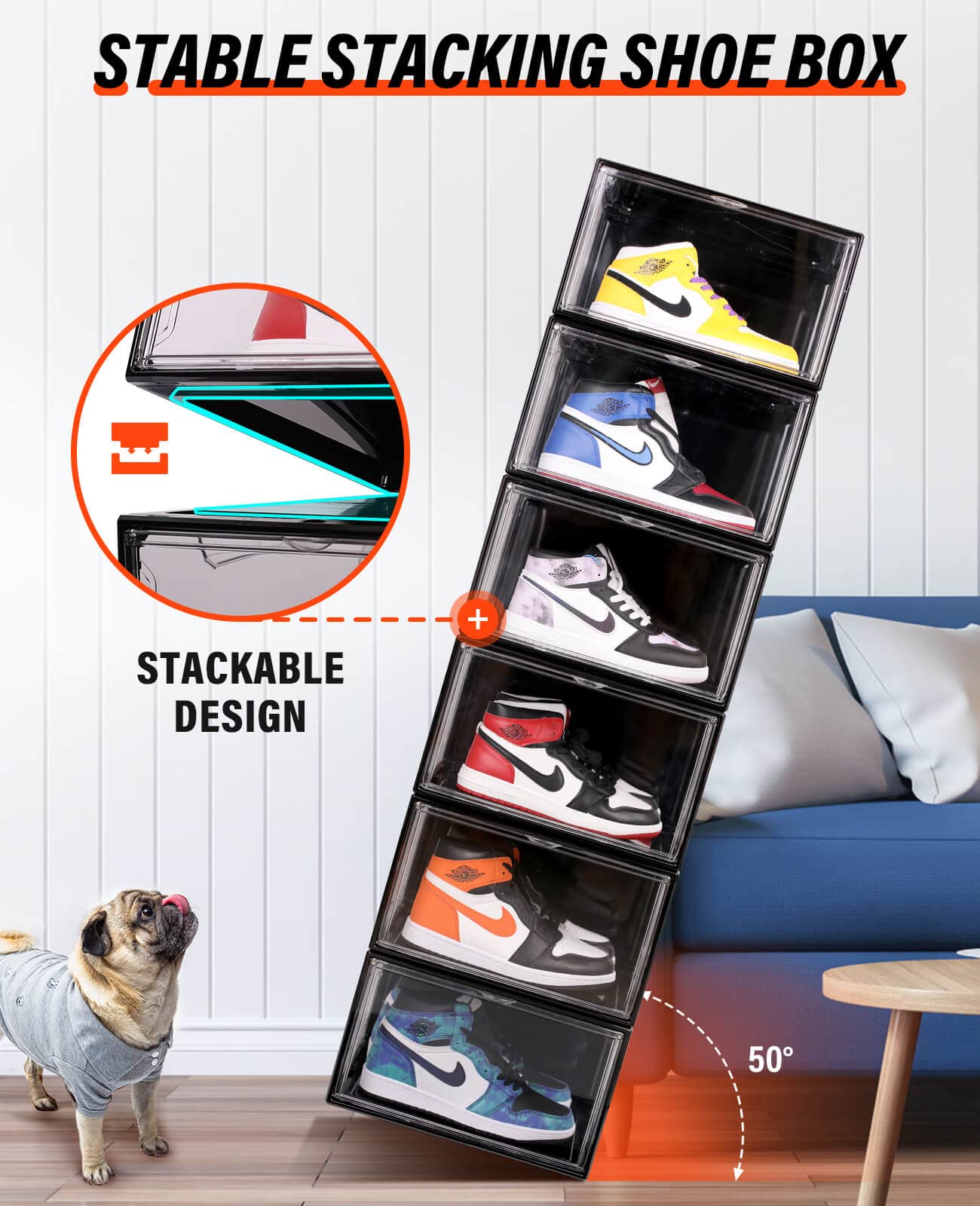 KDOR Clear Plastic Stackable Shoe Storage Boxes - 10 Pack with Magnetic Door, Acrylic Display Case for Sneakers (Fits Up to US Men's Size 15) - Perfect for Closet Organization, Shoe Collection Display & Retail Store Merchandising