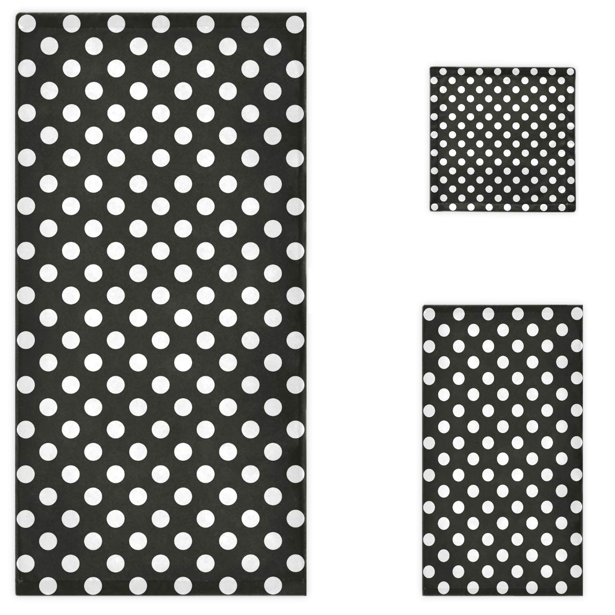 Naanle Soft Luxury 3-Piece Towel Set - 1 Bath Towel, 1 Hand Towel, 1 Washcloth - Elegant White Polka Dots on Black - Perfect for Bathroom, Hotel, Gym, Spa & Kitchen - Absorbent & Decorative Cotton Towels for Home & Commercial Use