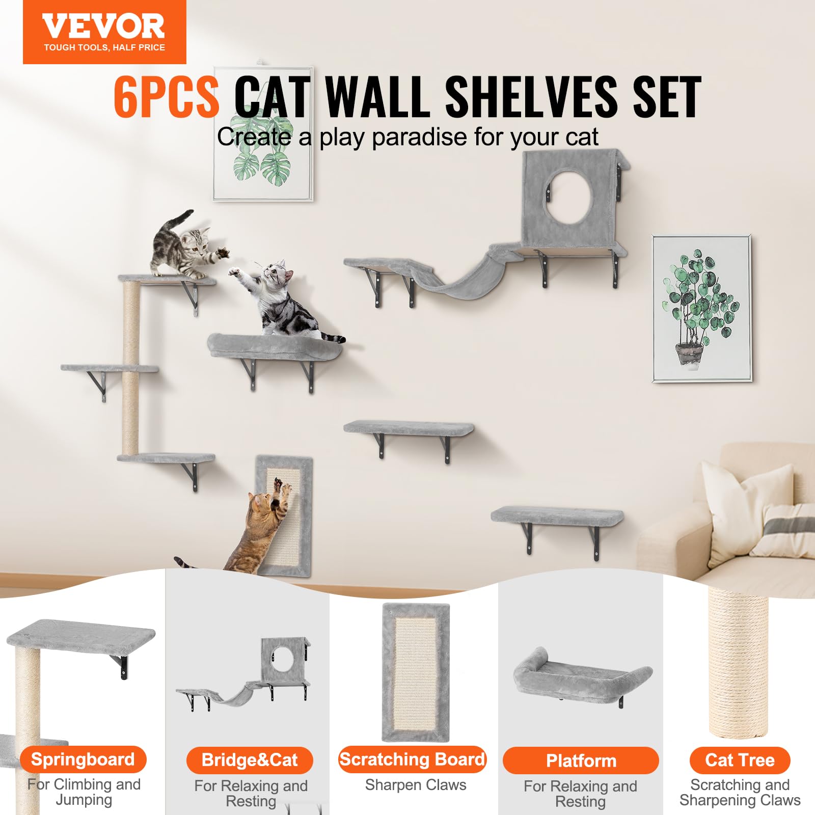VEVOR Wall Mounted Cat Shelves Set of 6 - Cat Climbing Furniture with Perches, Jumping Boards, Hammock & Sofa - 40 lbs Capacity for Indoor Cats - Perfect for Play, Sleep & Climbing in Living Rooms & Bedrooms