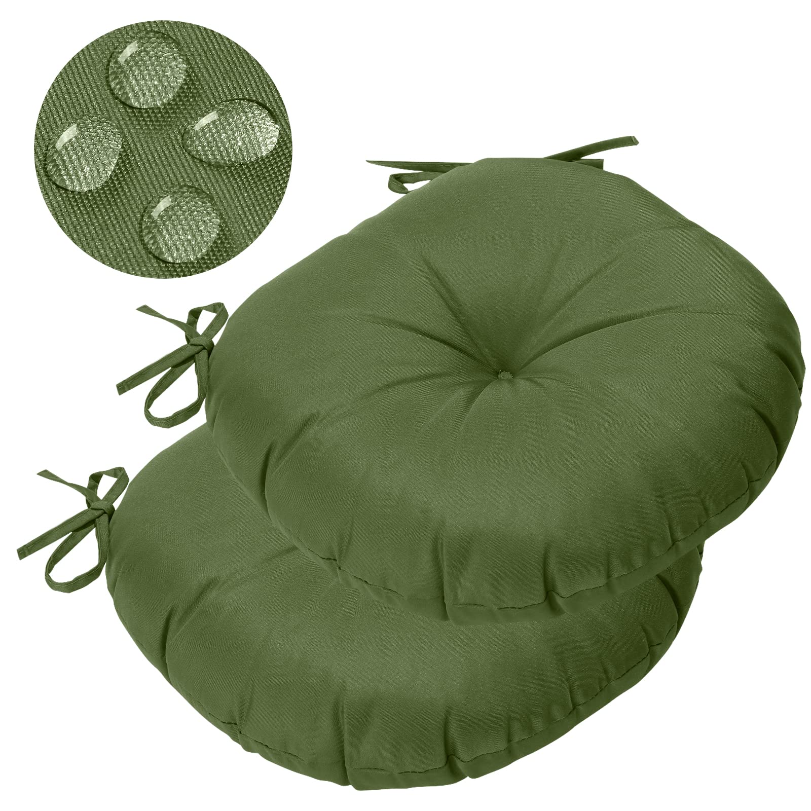 GUEGLSA 15 Inch Waterproof Outdoor Tufted Round Cushions - Set of 2 Green Bistro Chair Seat Pads 15