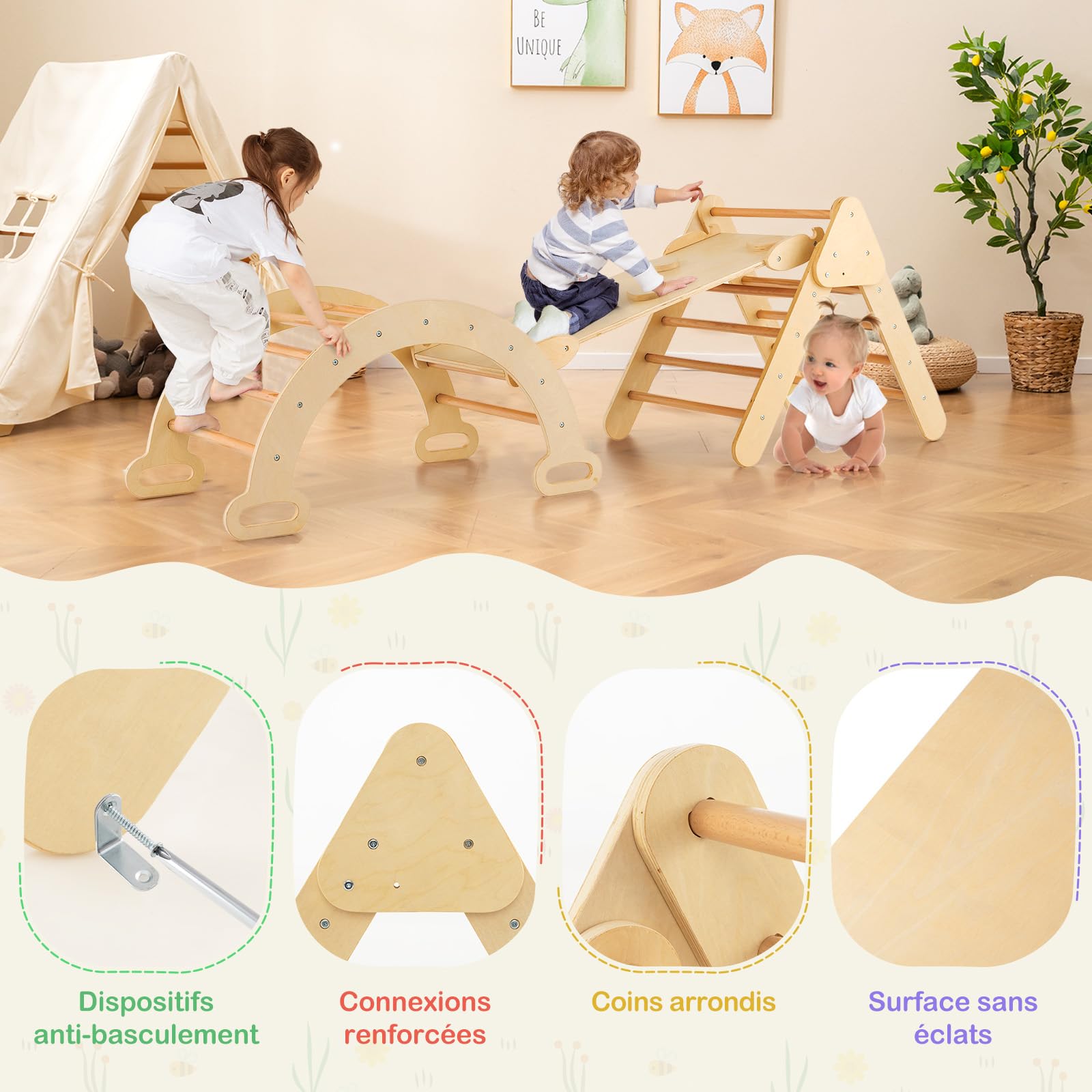 COSTWAY 7-in-1 Montessori Climbing Triangle with Double-Sided Ramp, Slide & Ladder - Solid Beech Wood Toddler Climbing Gym for Kids 1-6 Years (50kg Weight Limit) - Indoor Playroom, Nursery, Preschool Activity Equipment for Motor Skills Development