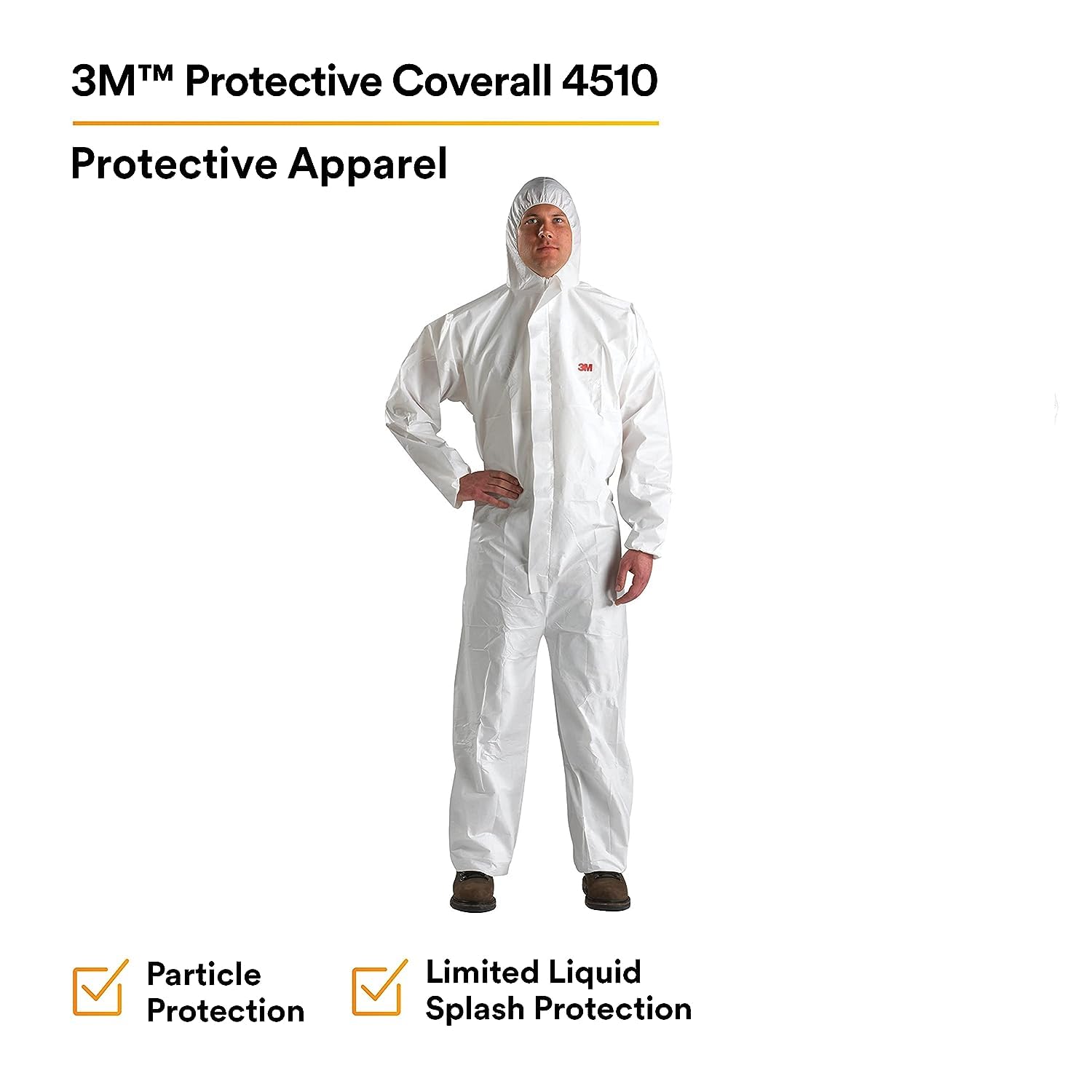 3M Disposable Protective Coverall - Pack of 20 White Hooded Coveralls with Elastic Cuffs & Two-Way Zipper | Antistatic, Paint & Coating Protection, Food Safe | Medium Size 4510-M | Ideal for Painting, Construction, Food Processing & Industrial Safety Work