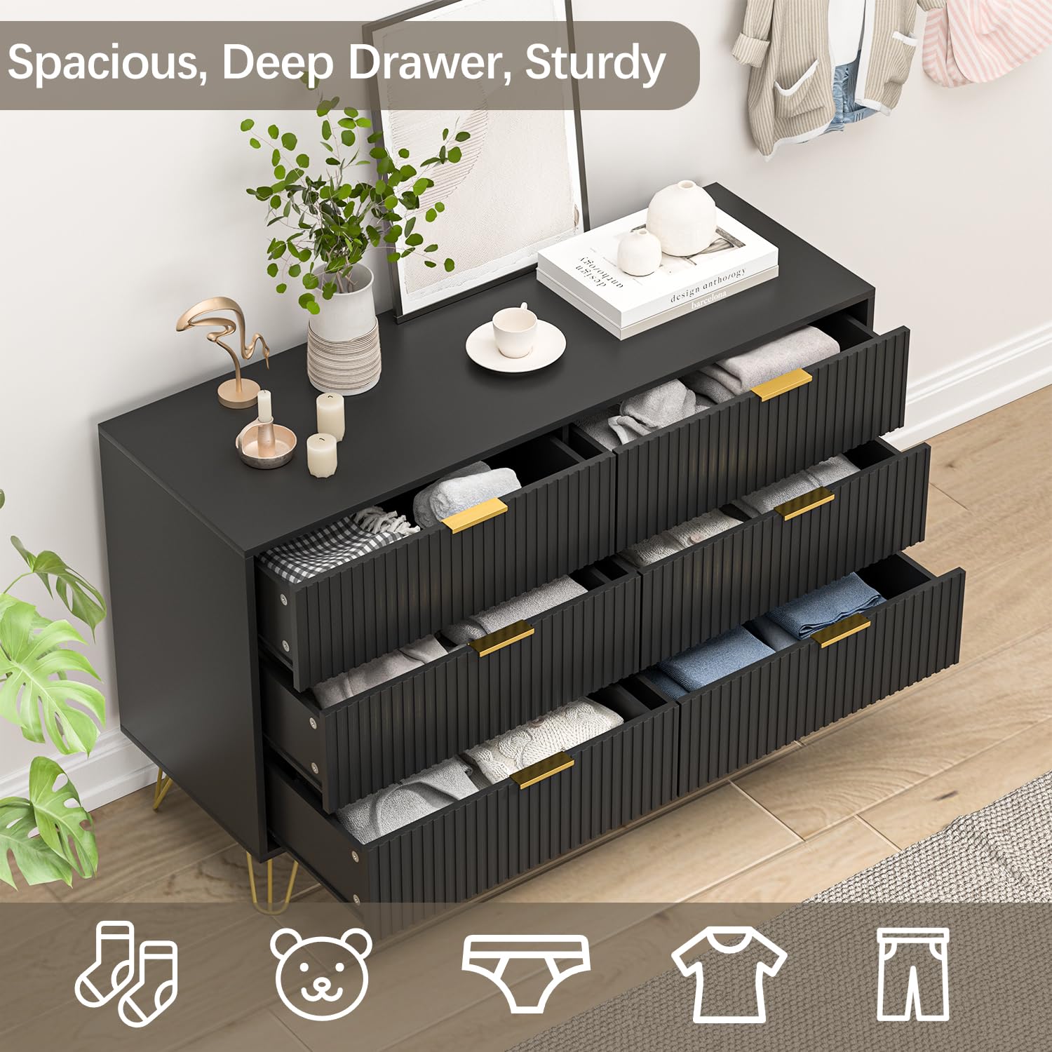 Modern Black Dresser for Bedroom - 6 Drawer Chest with Wide Storage & Gold Handles | Perfect for Organizing Clothes, Accessories & Bedroom Essentials