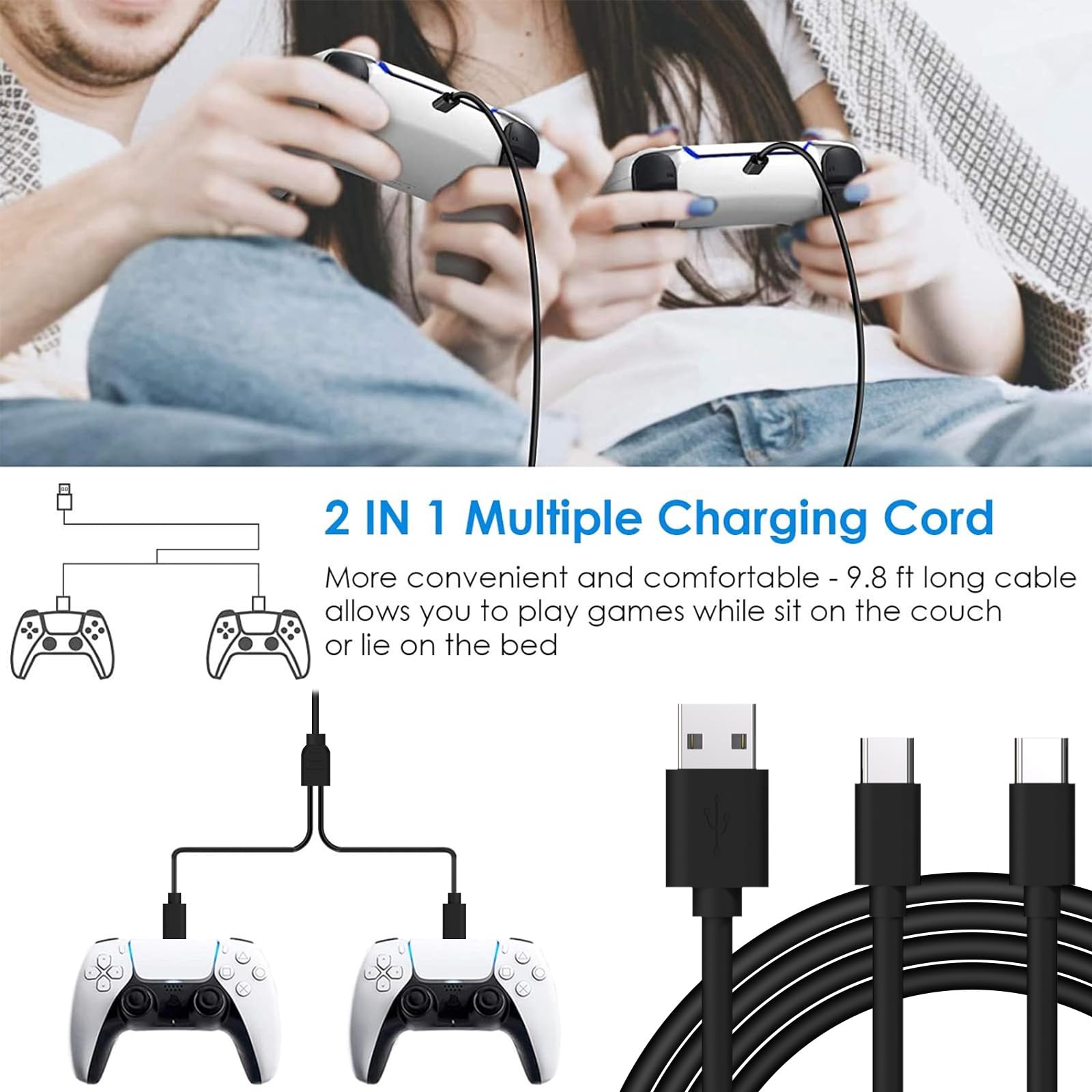 Geekria Fast Charging USB C Y-Splitter Cable for PS5 Dualsense Controller & Xbox Series X - 2-in-1 Multi Charging Cord (10FT) - Perfect for Gaming Setup & Simultaneous Device Charging