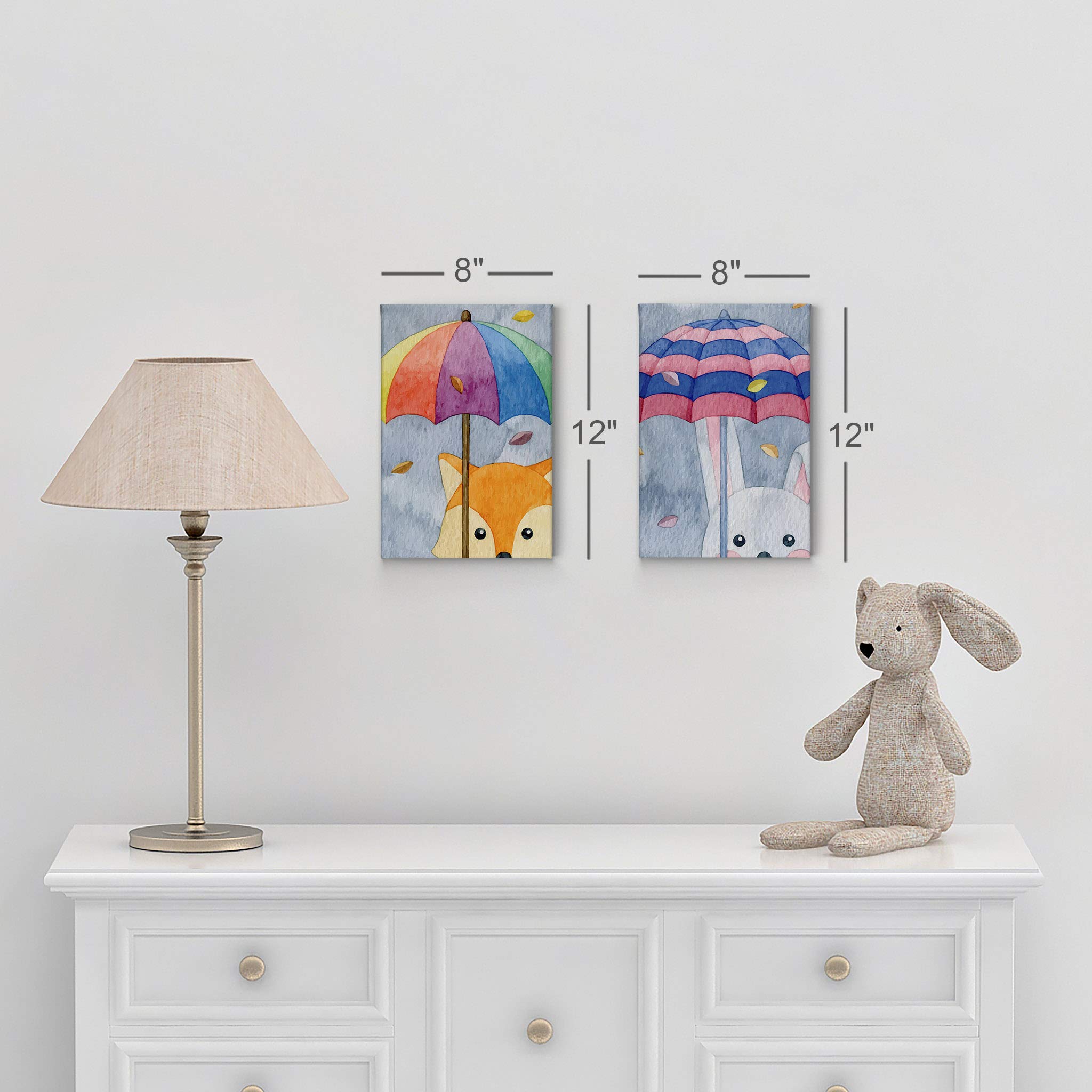 2-Piece Cute Fox & Rabbit Umbrella Painting Canvas Print Set - Autumn Gray Background - Kids Room Wall Art Decor for Baby Boy & Girl - Ready to Hang - Made in USA (22x15 inches) - Perfect for Nursery, Bedroom, Playroom & Gift Giving
