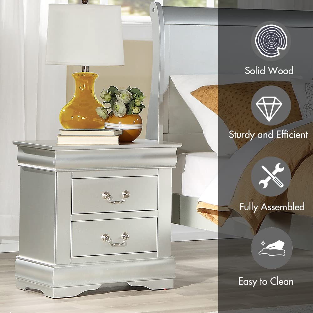 Henf Farmhouse 2-Drawer Nightstand - Solid Wood French Country Bedside Table with Storage, Fully Assembled Accent Cabinet for Bedroom, Living Room & Hallway | Perfect for Storing Books, Lamps & Bedroom Essentials (Silver)