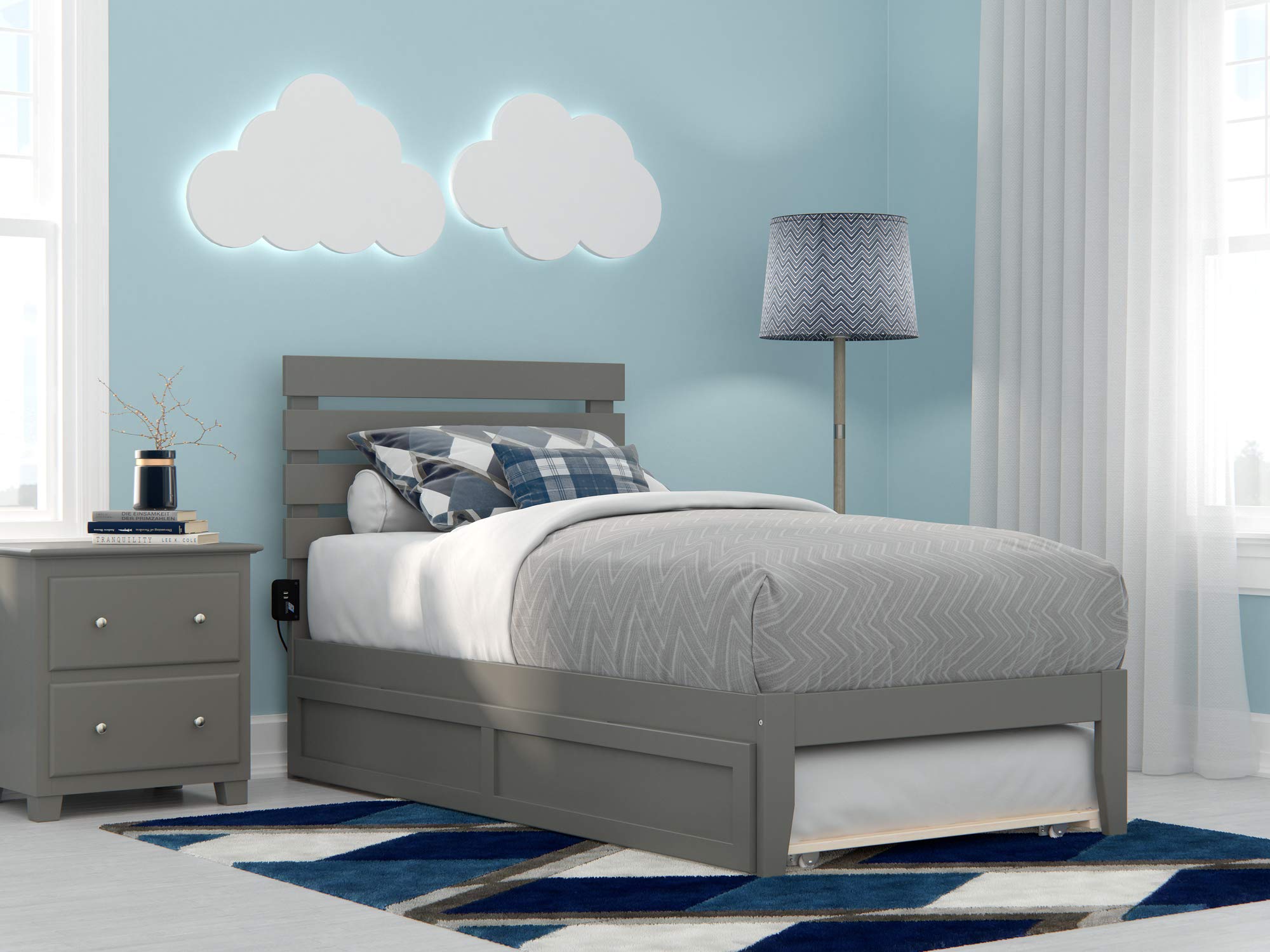 AFI Oxford Platform Bed Frame with Twin Trundle and USB Charging Port - Gray Wooden Bed for Small Spaces, Guest Room & Kids Bedroom