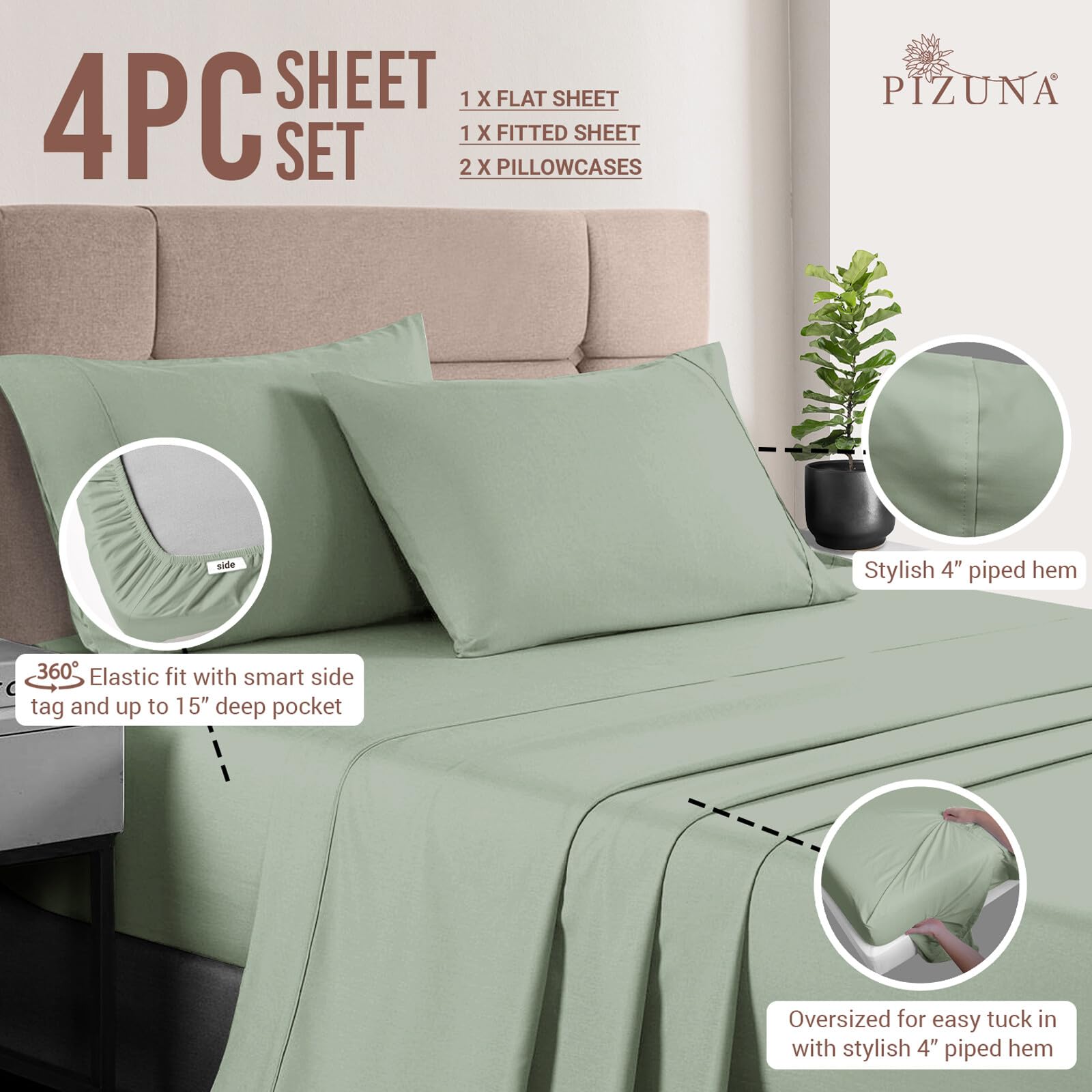 Pizuna Pure 100% Cotton RV King Sheets - 400 Thread Count Long Staple Sateen Weave with 15