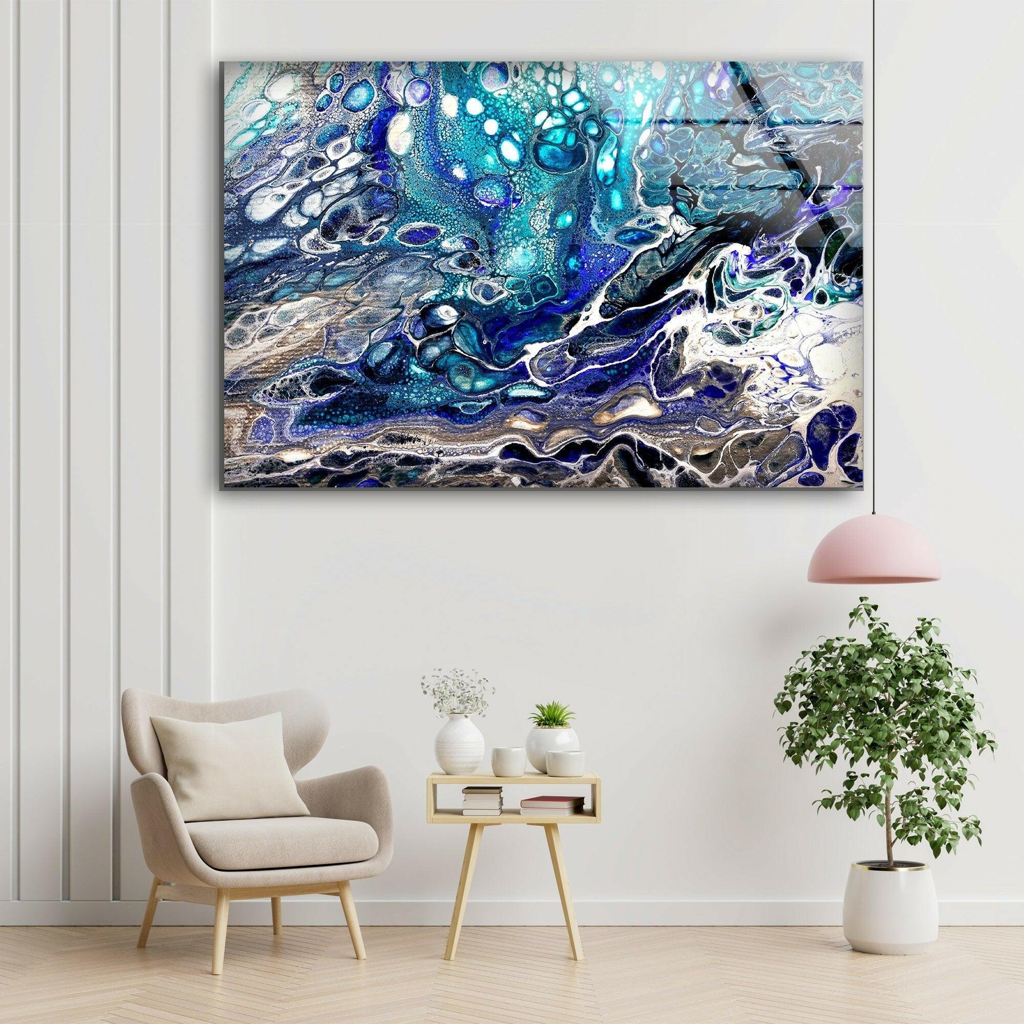 Turquoise Blue Alcohol Ink Glass Wall Art - Handmade Modern Abstract Home Decor for Living Room, Bedroom, Office