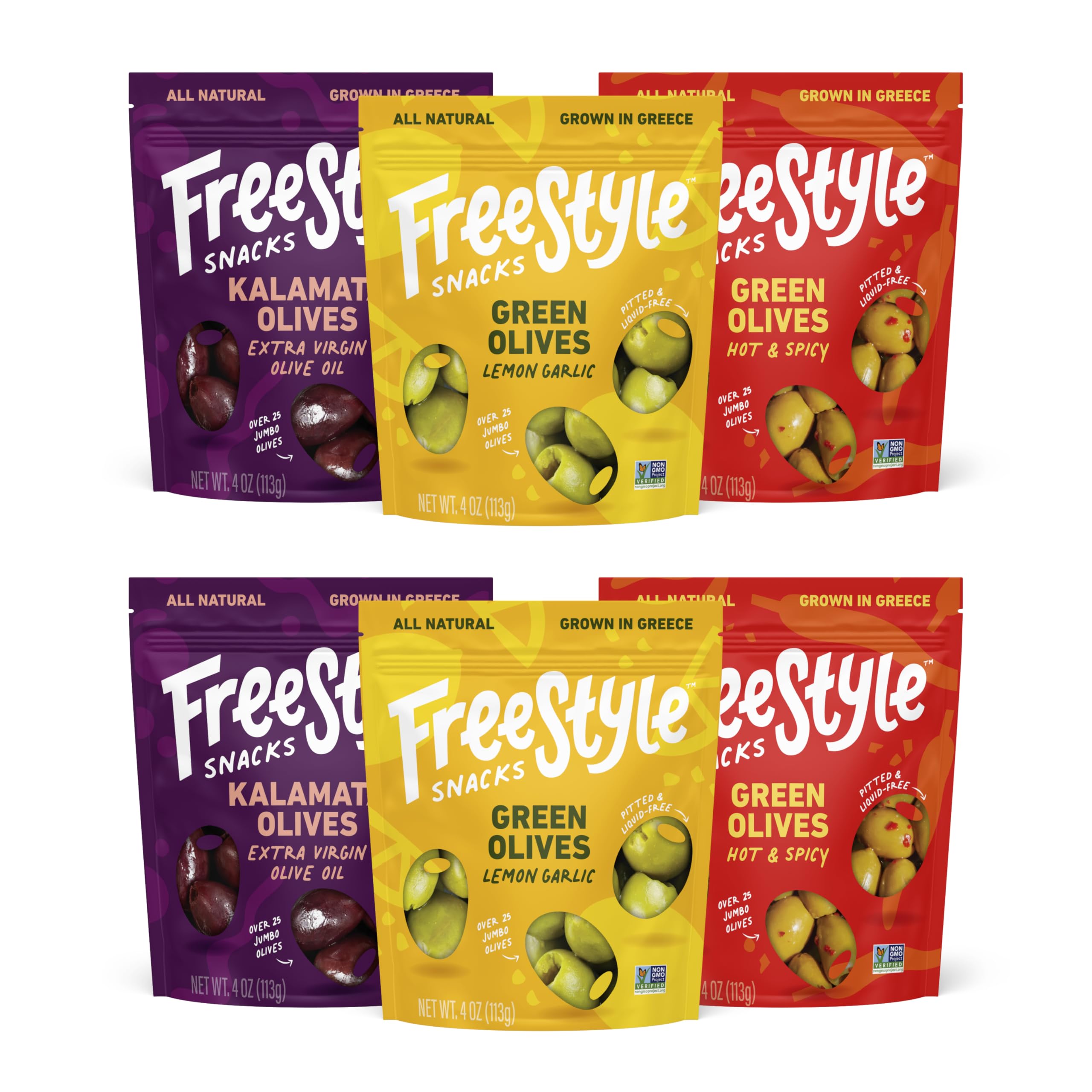 Freestyle Snacks Olive Snack Packs - Fresh Pitted Kalamata & Green Olives from Greece, Jumbo-Sized, All Natural, Non-GMO, Paleo & Keto Friendly, Sugar-Free Healthy Snacks - Variety Pack (6 Pack, 4oz Each) - Perfect for Office, Travel, Picnics & Low-Carb Diets