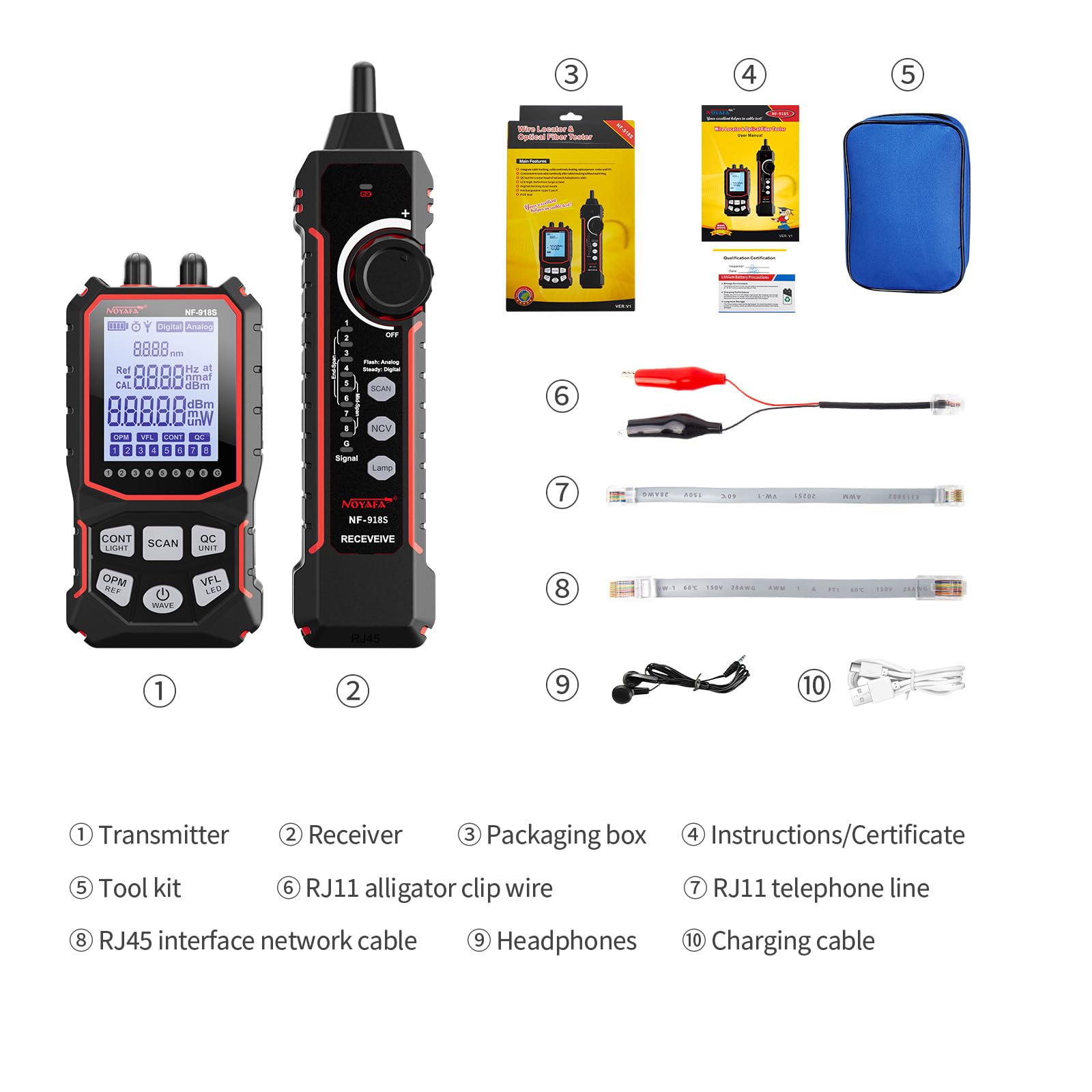 NOYAFA NF-918S Professional Network Cable Tester with 6-Wavelength Optical Power Meter | Ethernet RJ45 Cable Toner | 10mW Visual Fault Locator & PoE Tester | Ideal for Network Installation, Maintenance & Troubleshooting