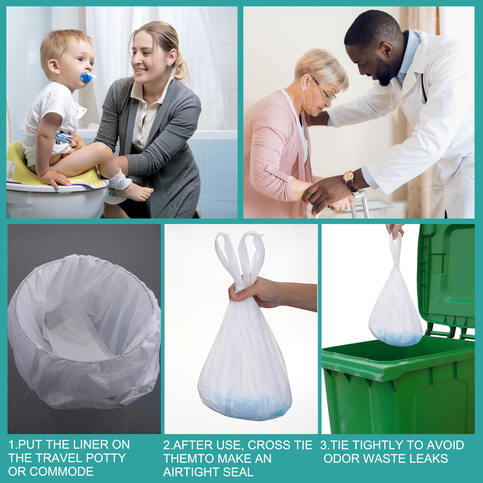 120 Pcs Disposable Travel Potty Bags with Absorbent Pads - Portable Car Potty Liners for Toddlers, Fits Most Potty Chairs - Ideal for Road Trips, Camping & Emergency Use