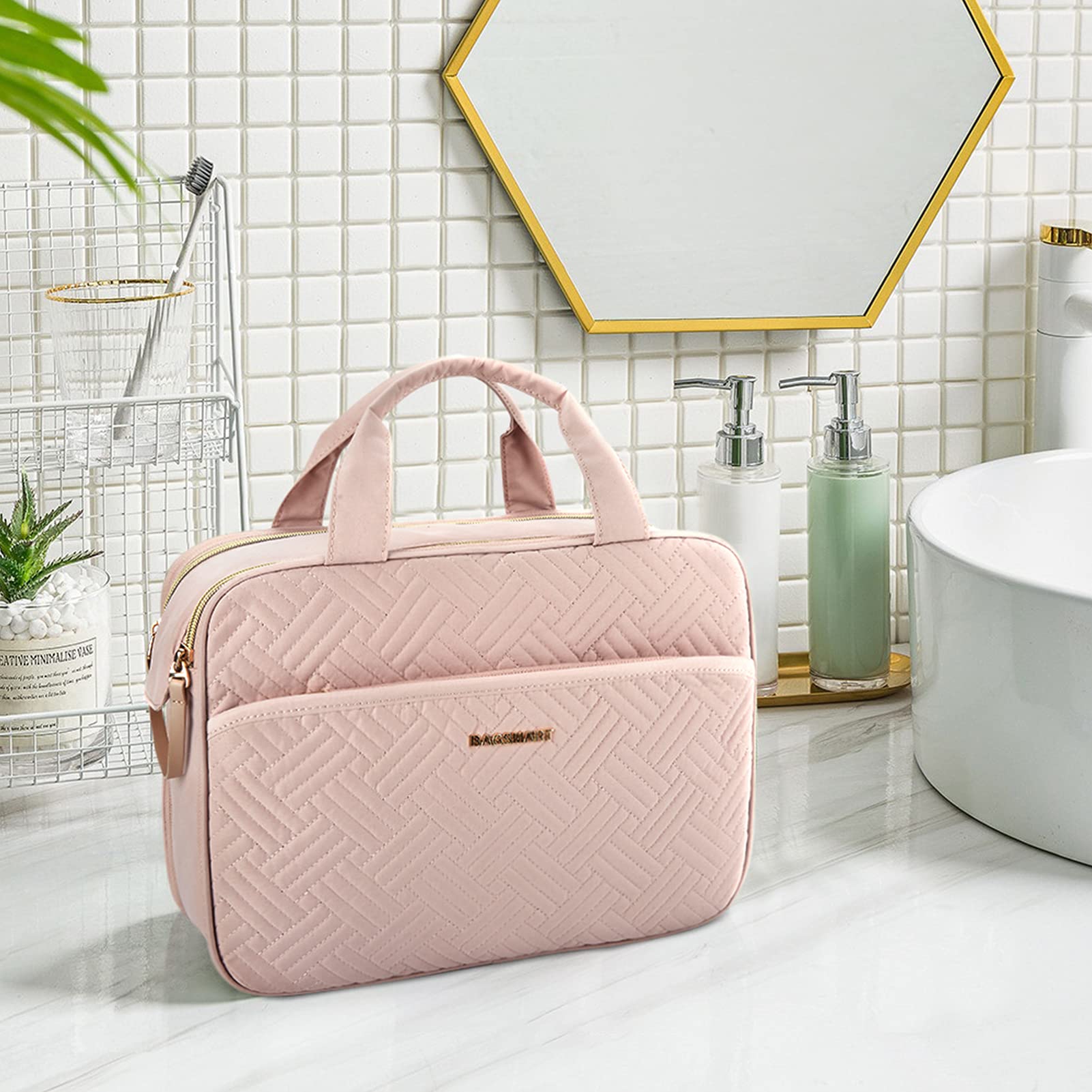BAGSMART Large Water-resistant Travel Makeup Bag - Cosmetic Organizer for Full Sized Toiletries, Shampoo & Beauty Accessories (Pink) - Perfect for Vacation, Gym & Daily Essentials Storage