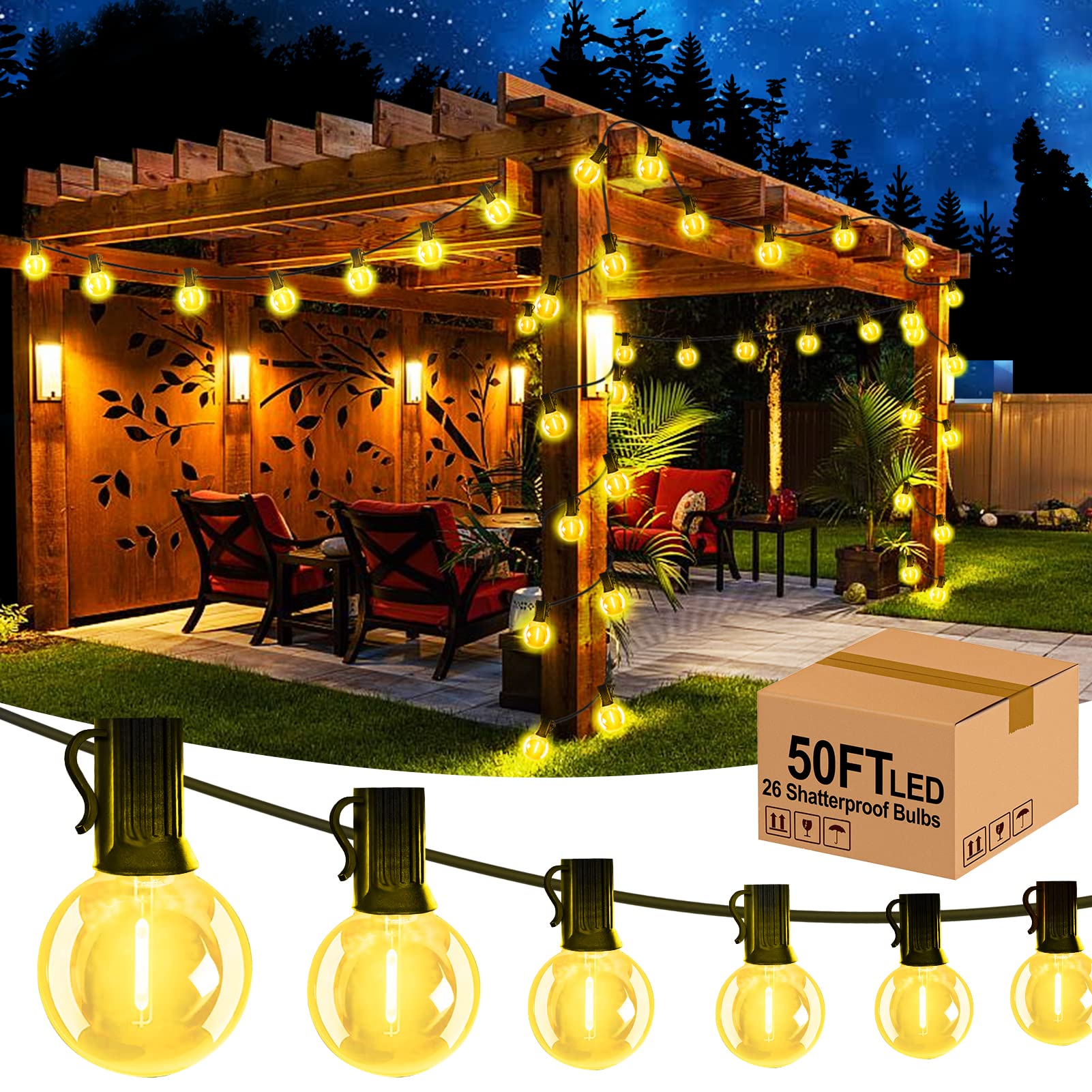 50FT Upgraded Outdoor String Lights - G40 LED Patio Lights, Waterproof Connectable Hanging Lights with 26 Shatterproof Bulbs, UL Listed for Backyard, Porch, Balcony, Bistro & Party Decor | Perfect for Weddings, Christmas, Garden and Outdoor Dining