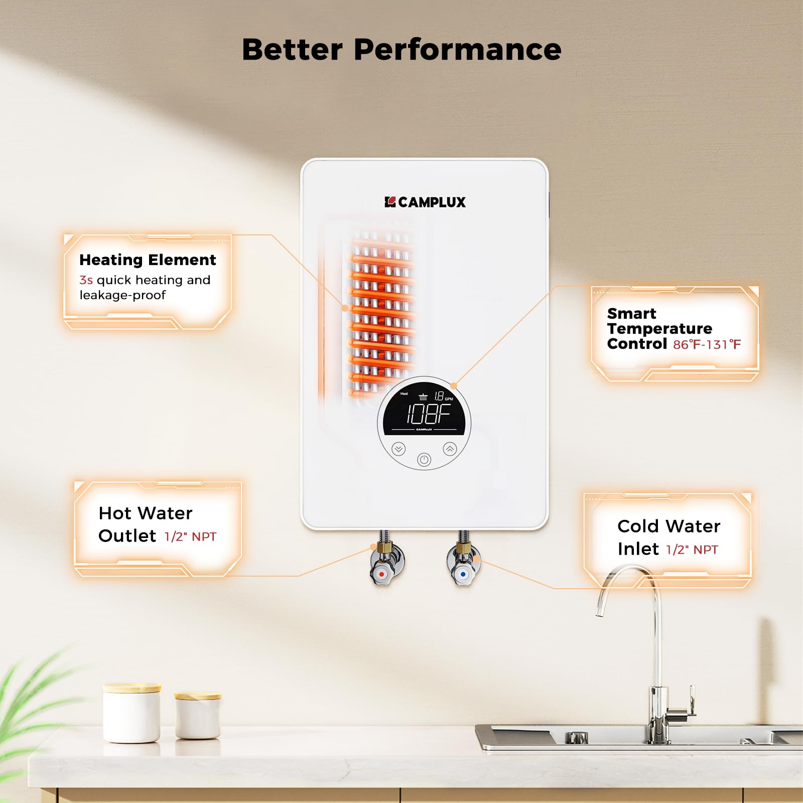 CAMPLUX 4.5kW Electric Tankless Water Heater - 110-120V Instant Hot Water Heater for Sink, Wall Mounted with LED Display | Space Saving, ETL Certified (Model TE05) | Perfect for Small Bathrooms, Kitchen Sinks & RV Use