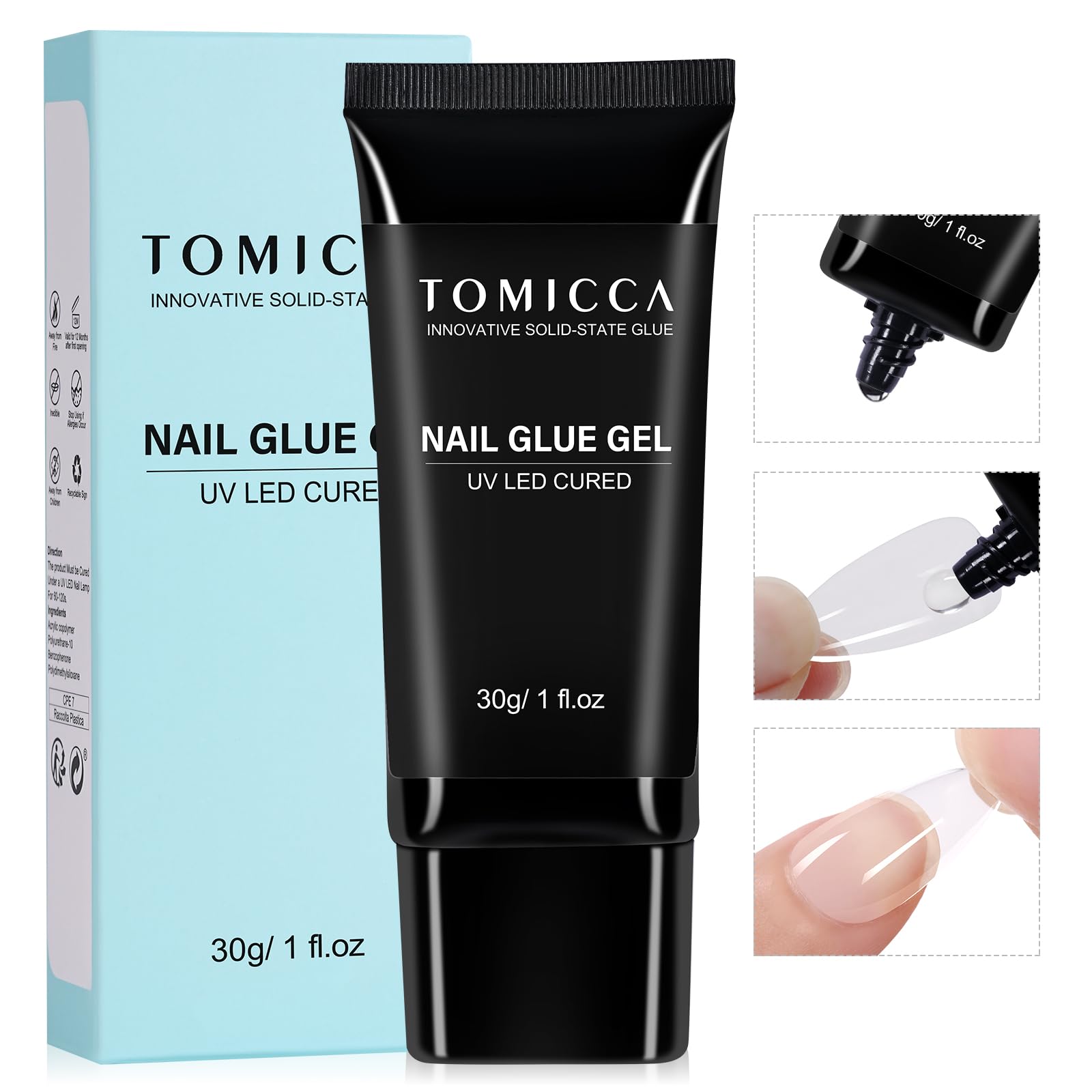 TOMICCA UV Nail Glue - 4 in 1 Strong Gel Nail Adhesive for Artificial Nails & Tips (30g) - Requires UV/LED Lamp Curing - Perfect for Salon, Home Manicures & Nail Extensions