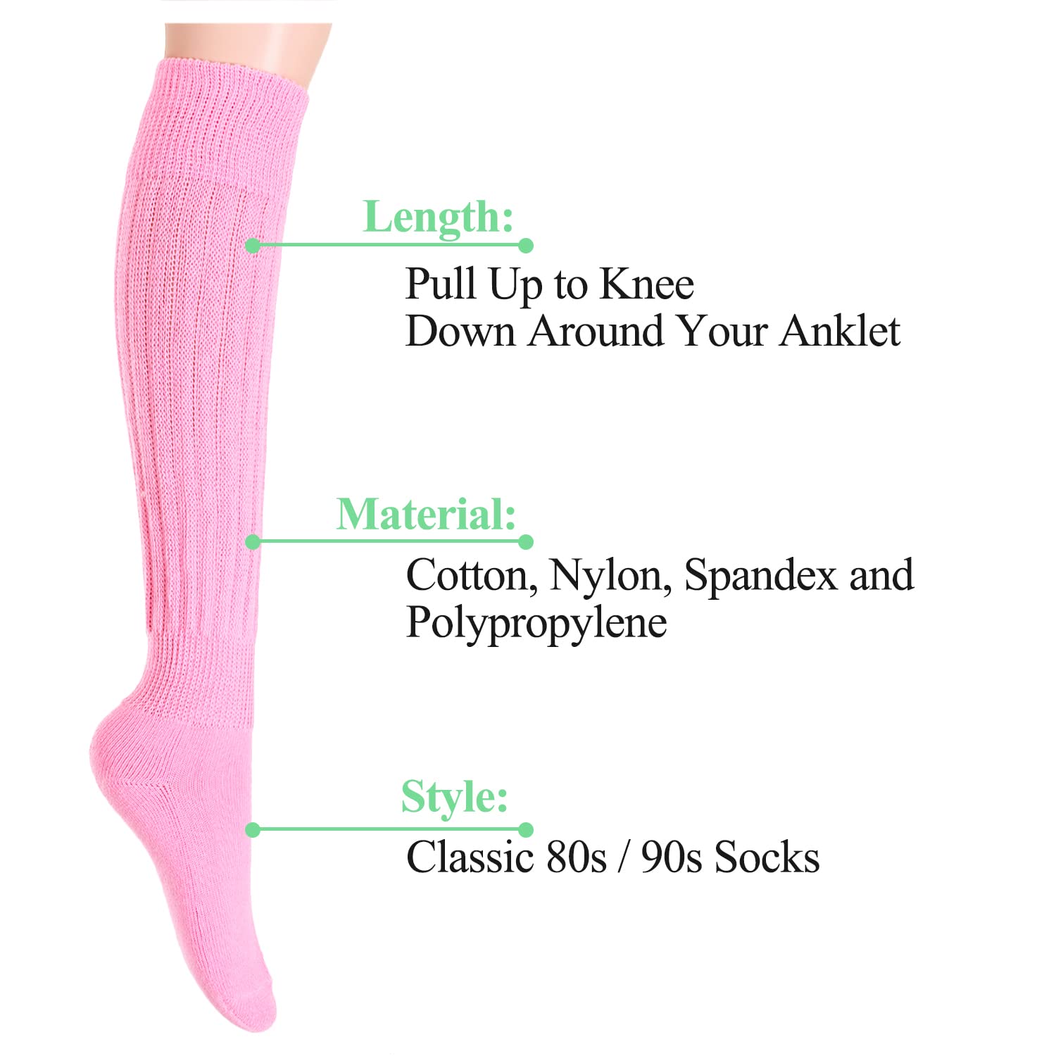 Women's Slouch Socks - White & Black Scrunch Stacked Socks, Pink & Yellow Long High Boot Socks for Women & Girls - Perfect for Casual Wear, Boot Pairing and Fashion Outfits