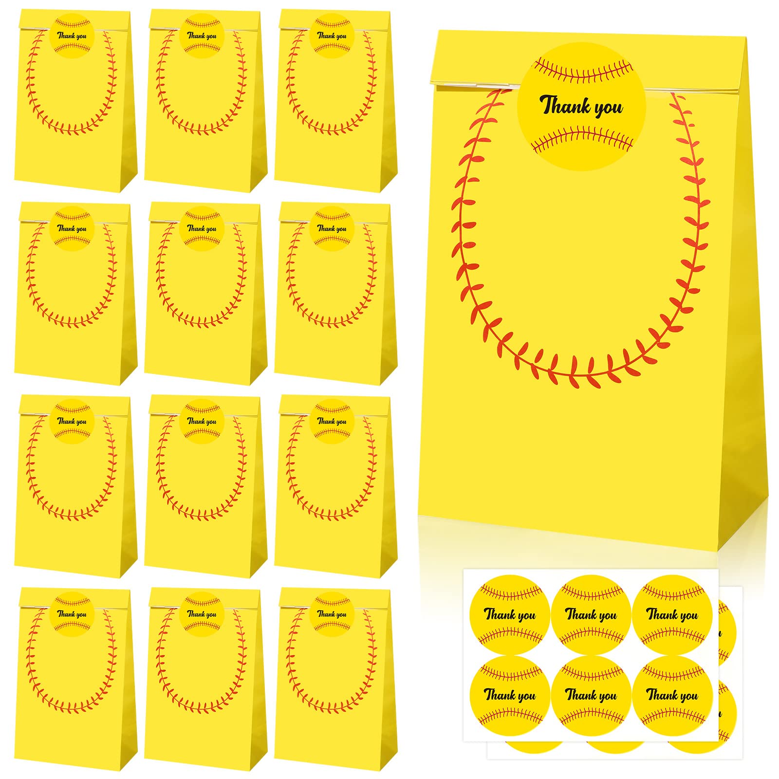 24 Pack Softball Themed Party Favor Bags with Stickers - Sports Team Gift Bags for Snack Day, Birthday Parties & Team Celebrations - Perfect for Baseball Lovers, School Events & Sports Team Treats