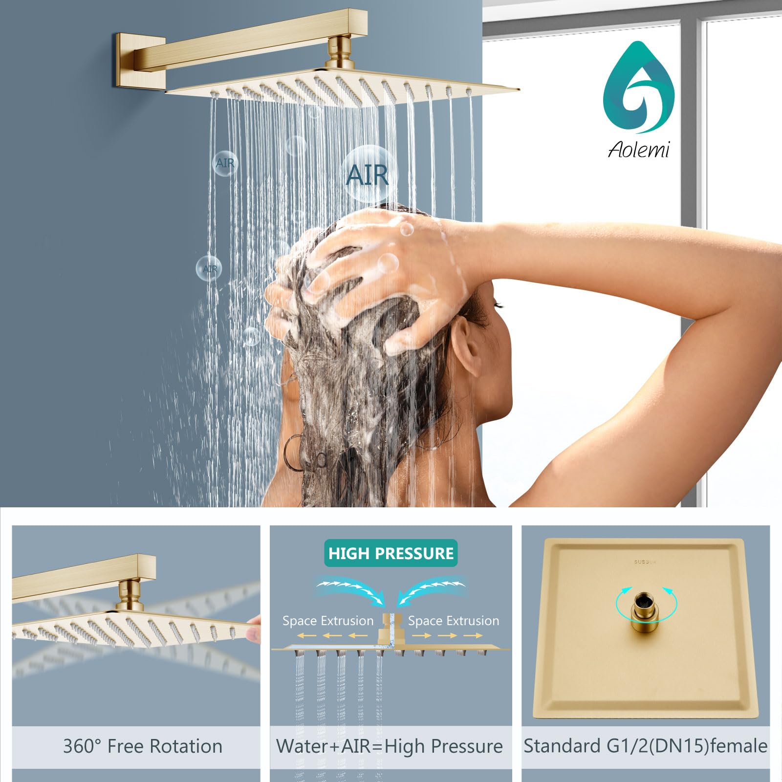 Aolemi 12 Inch Brushed Gold Shower System - High Pressure Rainfall Shower Head & Handheld Spray Combo with Wall Mount & 2-in-1 Rough-in Valve | Perfect for Luxury Bathroom Renovation & Spa-Like Shower Experience