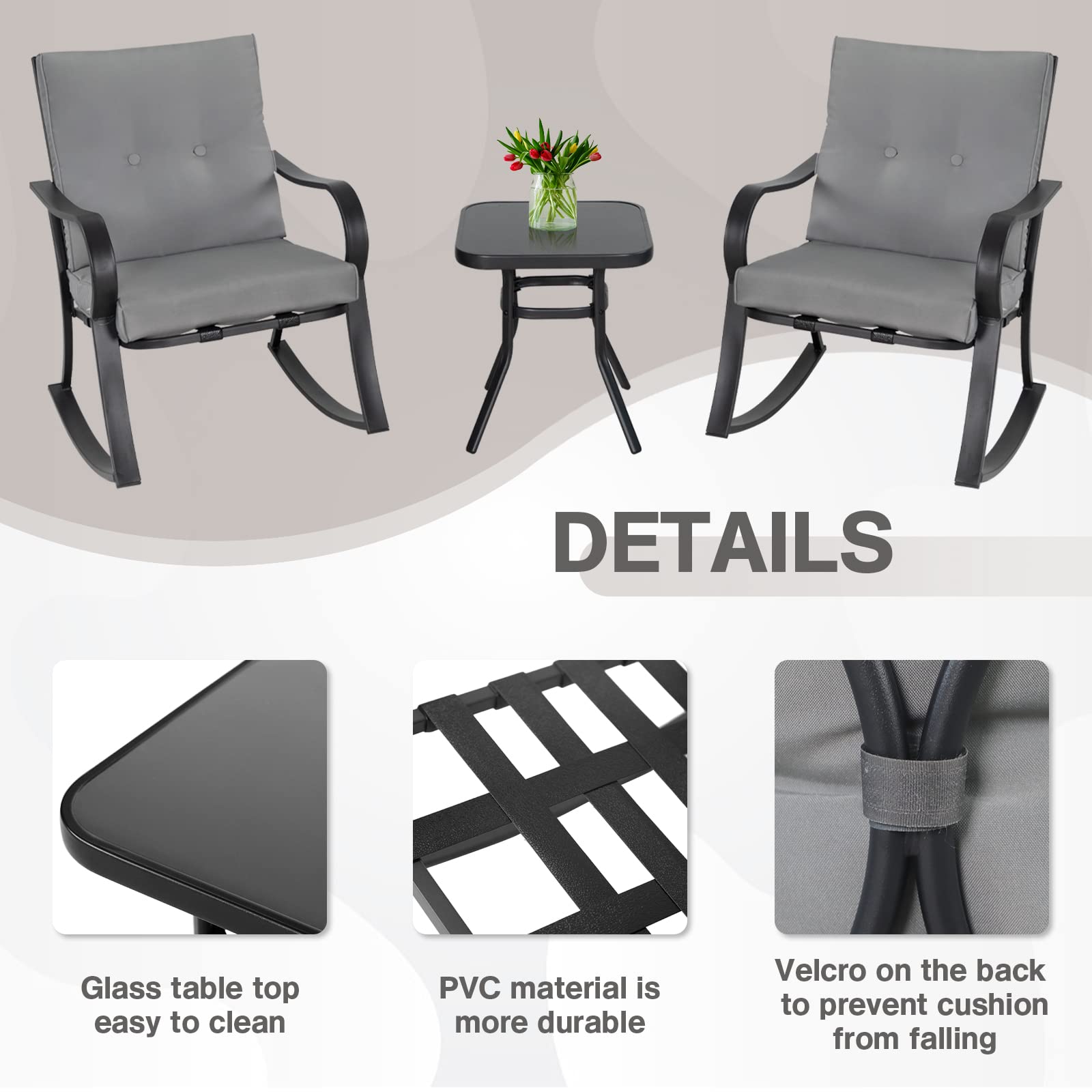 **Outdoor 3-Piece Rocking Chair Set - 2 Black Steel Rocking Chairs with Cushions & Glass Top Coffee Table - Grey Patio Bistro Furniture for Garden, Porch, or Backyard Relaxation**
