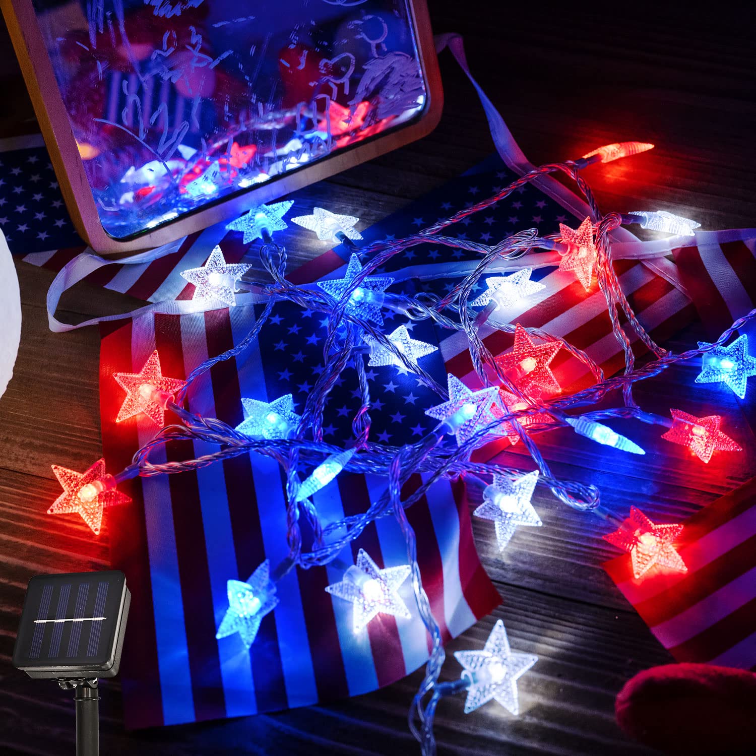 Red White Blue Solar Lights - 100LED Patriotic Star String Lights (51FT) | Waterproof 8 Modes Outdoor Solar Garden Lights for 4th of July, Independence Day, Memorial Day Decor | Perfect for Backyard, Patio, Fence & Holiday Party Lighting