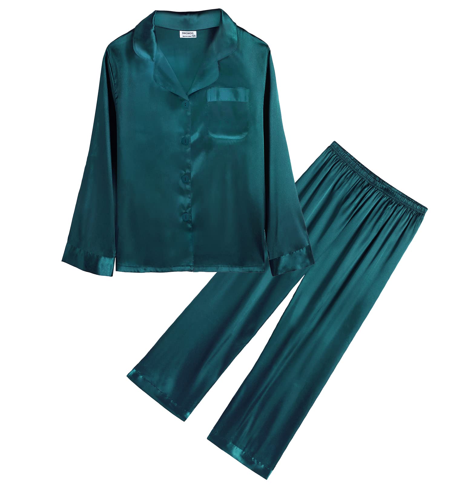 SWOMOG Kids Silk Satin Pajama Set for Girls & Boys - Button Down 2-Piece Sleepwear with Long Sleeves - Soft & Comfortable White PJS for Bedtime, Lounging & Family Matching Outfits