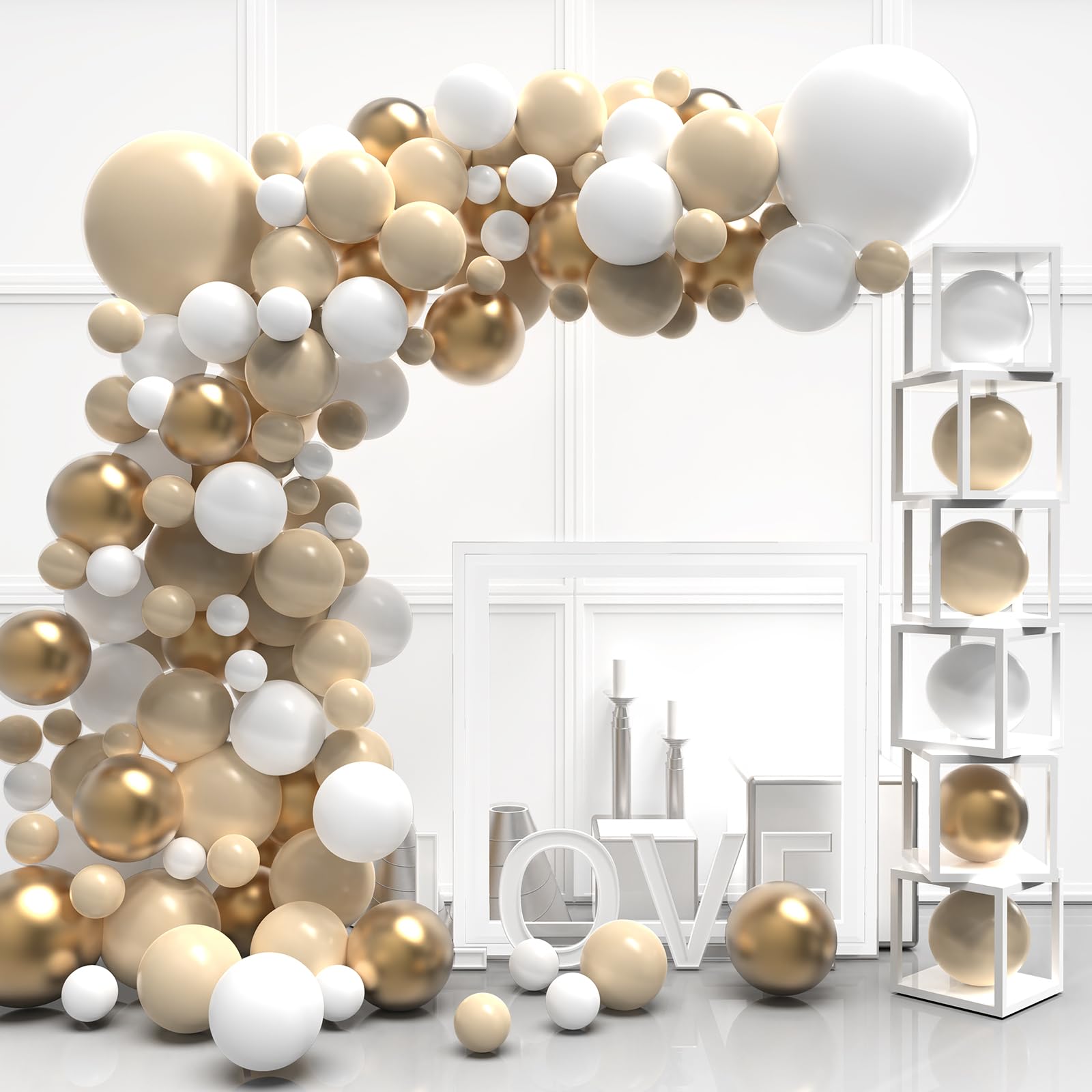 102 Pcs White and Gold Balloon Garland Arch Kit - Beige White Gold Balloons for Boho Wedding, Baby Shower, Bridal Shower, Engagement & Birthday Party Decorations | Perfect for Backdrop, Photo Booth & Ceiling Decor