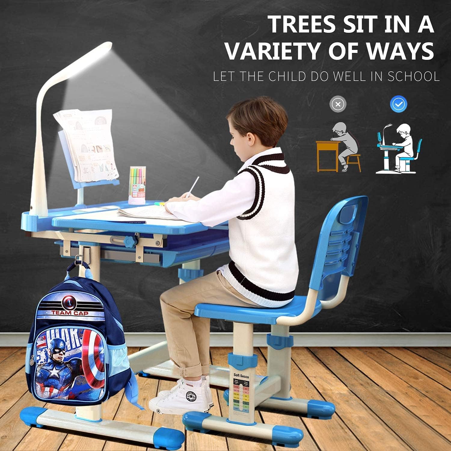 Adjustable Kids Desk and Chair Set - Ergonomic Study Table for Children with Book Stand, Drawer & LED Light - Perfect for Home Schooling, Online Learning & Art Activities (Blue)