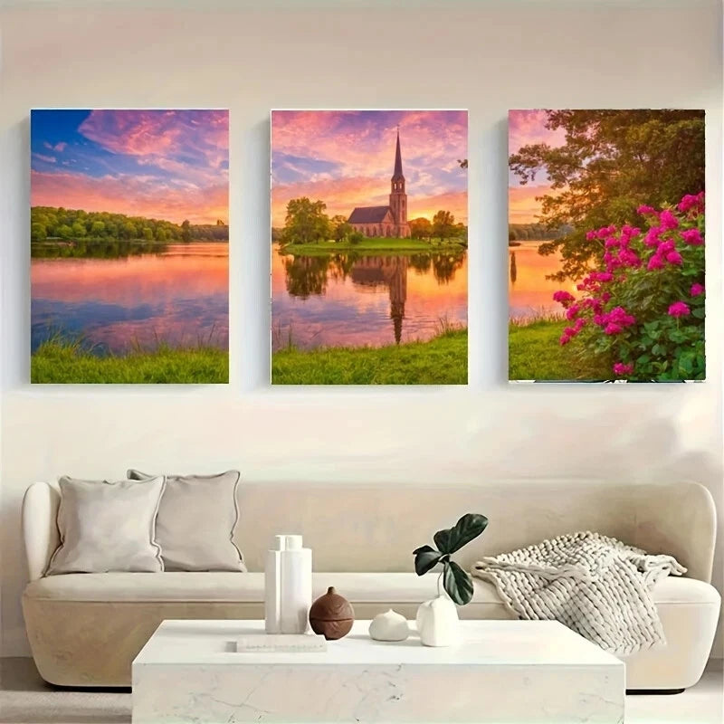 3-Piece Metal Print Wall Art - Stunning Sunset Over Lake Landscape, Ready to Hang - Perfect for Living Room, Bedroom & Office Decor