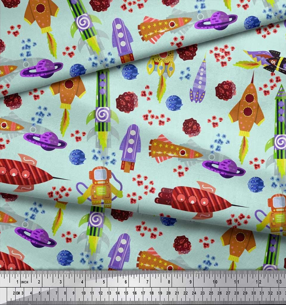 Soimoi Poly Georgette Green Fabric by The Yard - 52 Inch Wide Rocket Planet Astronaut Cartoon Printed Fabric for DIY Dresses, Curtains & Home Decor - Galactic Adventures Space Theme Material