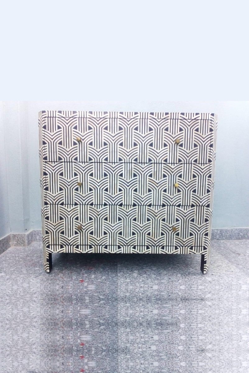 Handmade Exclusive Bone Inlay 3-Drawer Dresser - Vintage Boho Bedroom Furniture for Storage & Home Decor