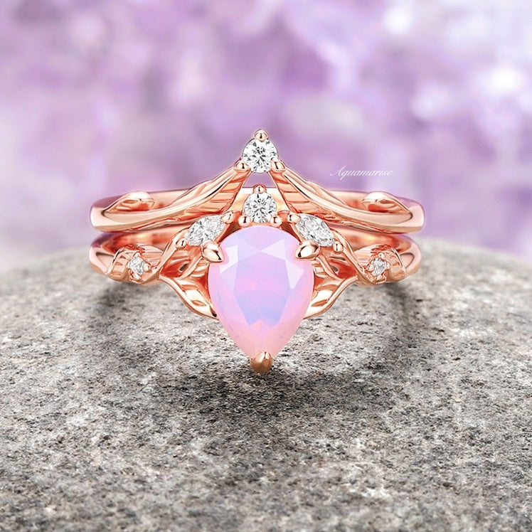 Opalescent Pink Sapphire Engagement Ring Set - 14K Rose Gold Vermeil Wedding Band for Women | Perfect for Proposals, Anniversaries & Bridal Jewelry