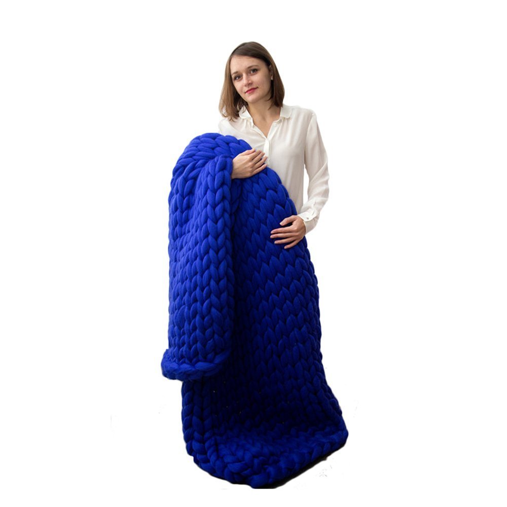Chunky Giant Knit Throw Blanket - Handmade Bulky Knitting Yarn for Bedroom Decor, Super Large 120x180cm - Cozy Sofa Blanket, Pet Bed Cover, Yoga Mat & Home Decor Accessory in Blue