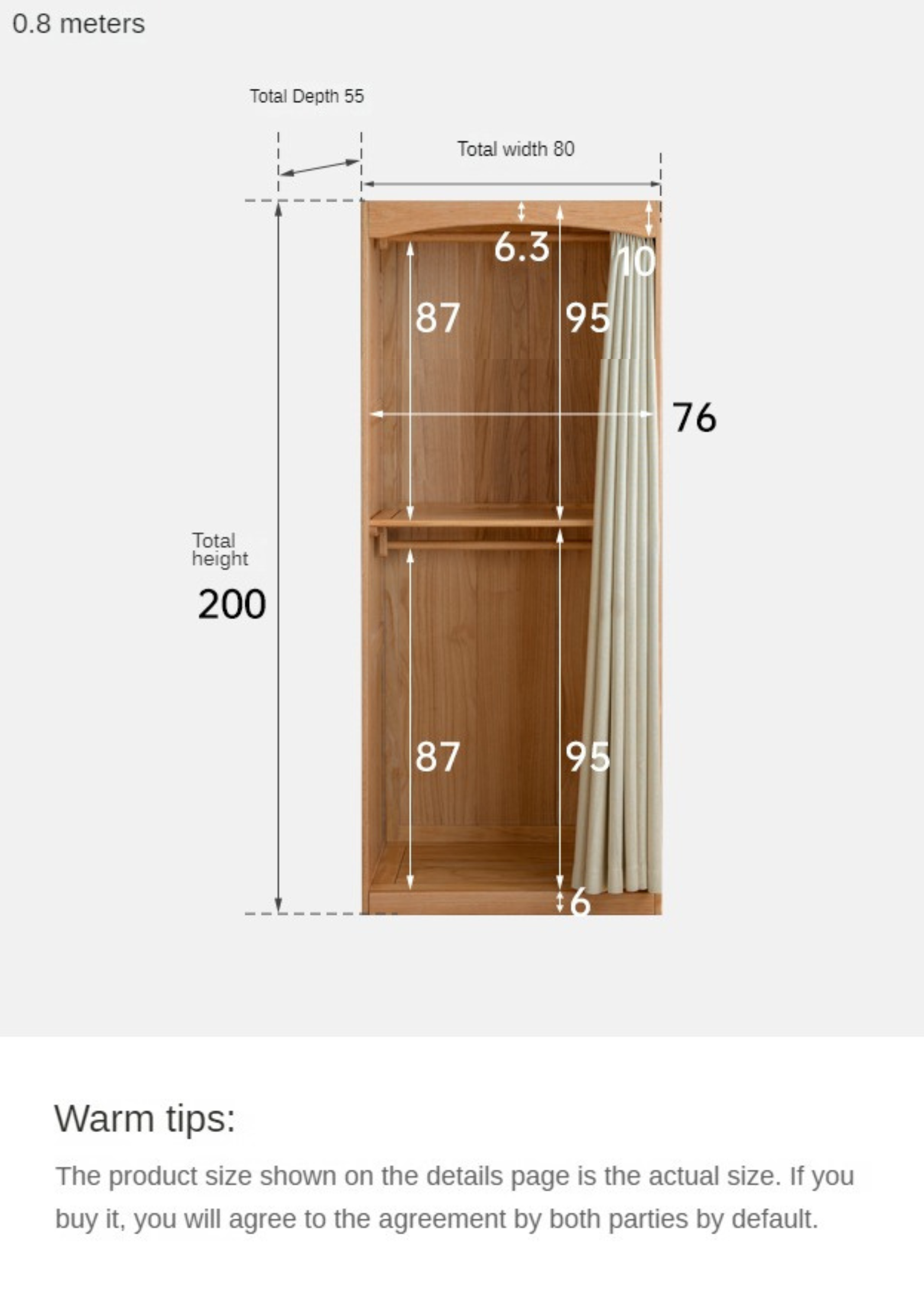 Oak Solid Wood Wardrobe with Curtain Design - Elegant Closet Storage for Bedroom, Living Room & Dorm Organization