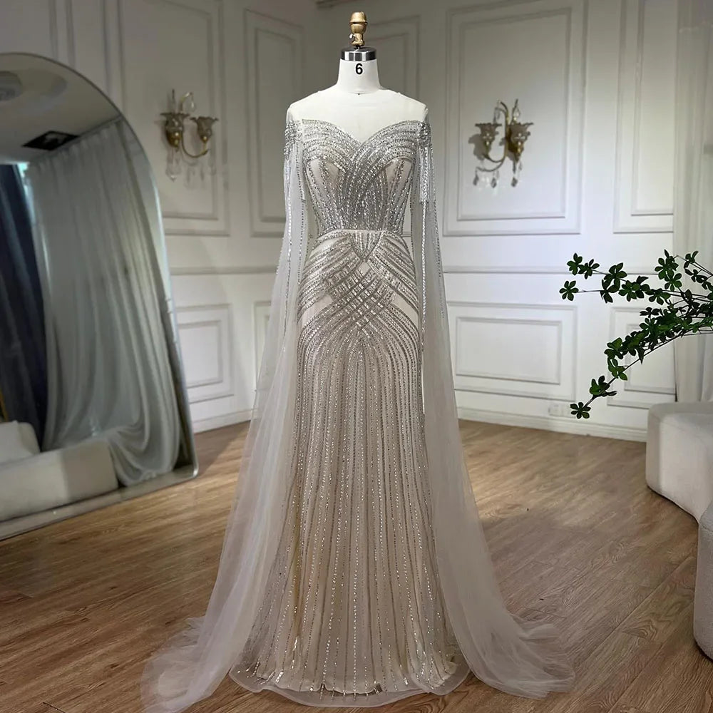 Serene Hill Luxury Nude Arabic Mermaid Evening Gown with Cape Sleeves & Beaded O-Neck - Elegant Wedding Party Dress for Women 2025 (LA72012) | Perfect for Bridal Showers, Red Carpet Events & Formal Occasions