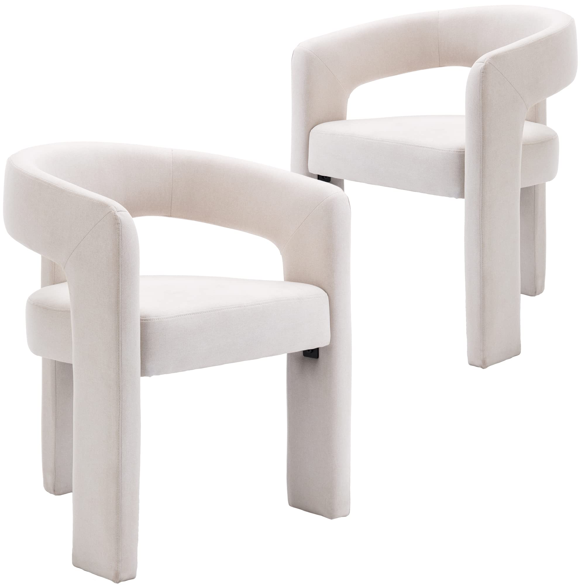 Modern Dining Chair Set of 2 - Linen Upholstered Barrel Kitchen Chairs with Wooden Legs, Round Accent Armchairs for Dining Room, Living Room, Bedroom or Side Table | Ivory | Perfect for Small Spaces, Breakfast Nooks & Cozy Home Decor