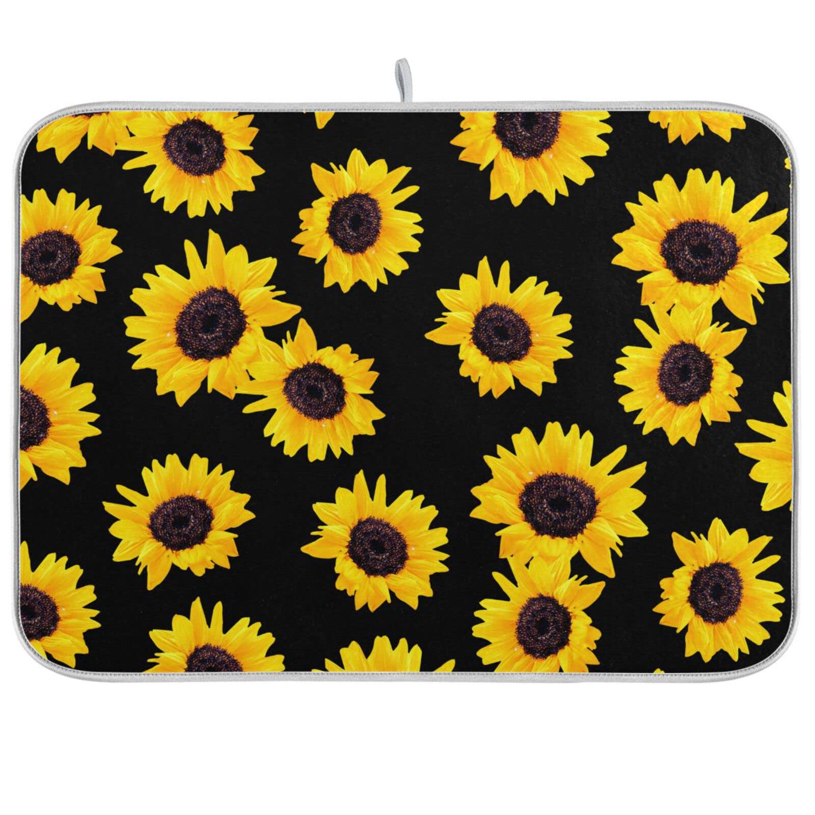 Sunflower Pattern Microfiber Dish Drying Mat - 16x18 Inch Absorbent Kitchen Countertop Drainer - Perfect for Drying Dishes, Utensils & Cookware After Washing