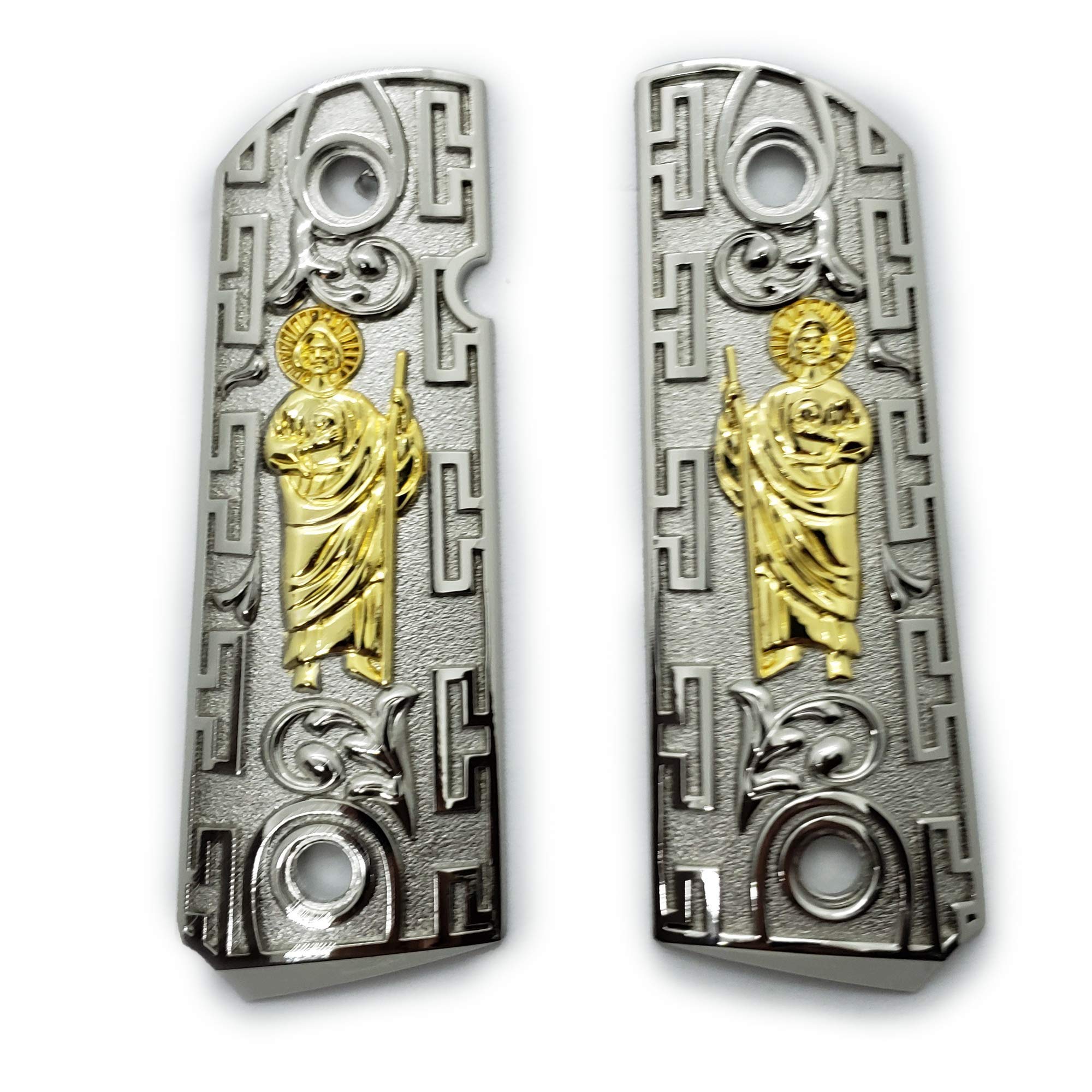 St Jude Nickel Gold Replacement Grips for 1911 Compact Officer Size - Fits Kimber, Colt, Rock Island, Springfield & Taurus - Perfect for Concealed Carry & Custom Handgun Builds
