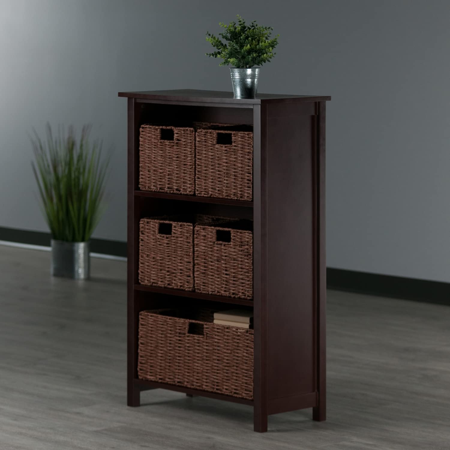 Winsome Wood Milan 6-Piece Storage Shelf with 5 Foldable Woven Baskets - Walnut Finish | Organizer for Bedroom, Bathroom, Living Room & Office | Space-Saving Home Decor