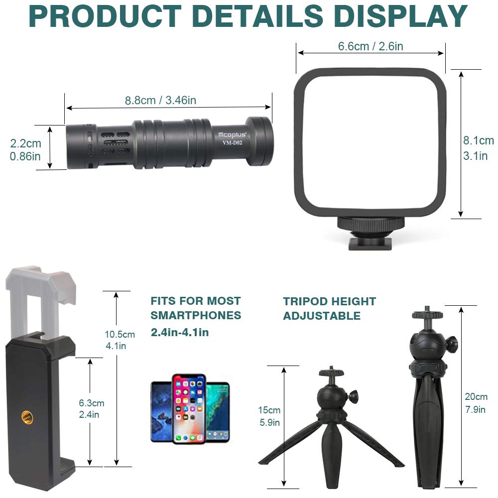 Mcoplus Professional Vlogging Kit for Smartphones - Includes Tripod, Phone Clip, LED Light, Microphone, 3.5mm/Type-C/Lightning Cables & Remote - Compatible with iPhone X, Samsung, Huawei, Sony a7 - Perfect for YouTube, TikTok, Live Streaming & Content Creation