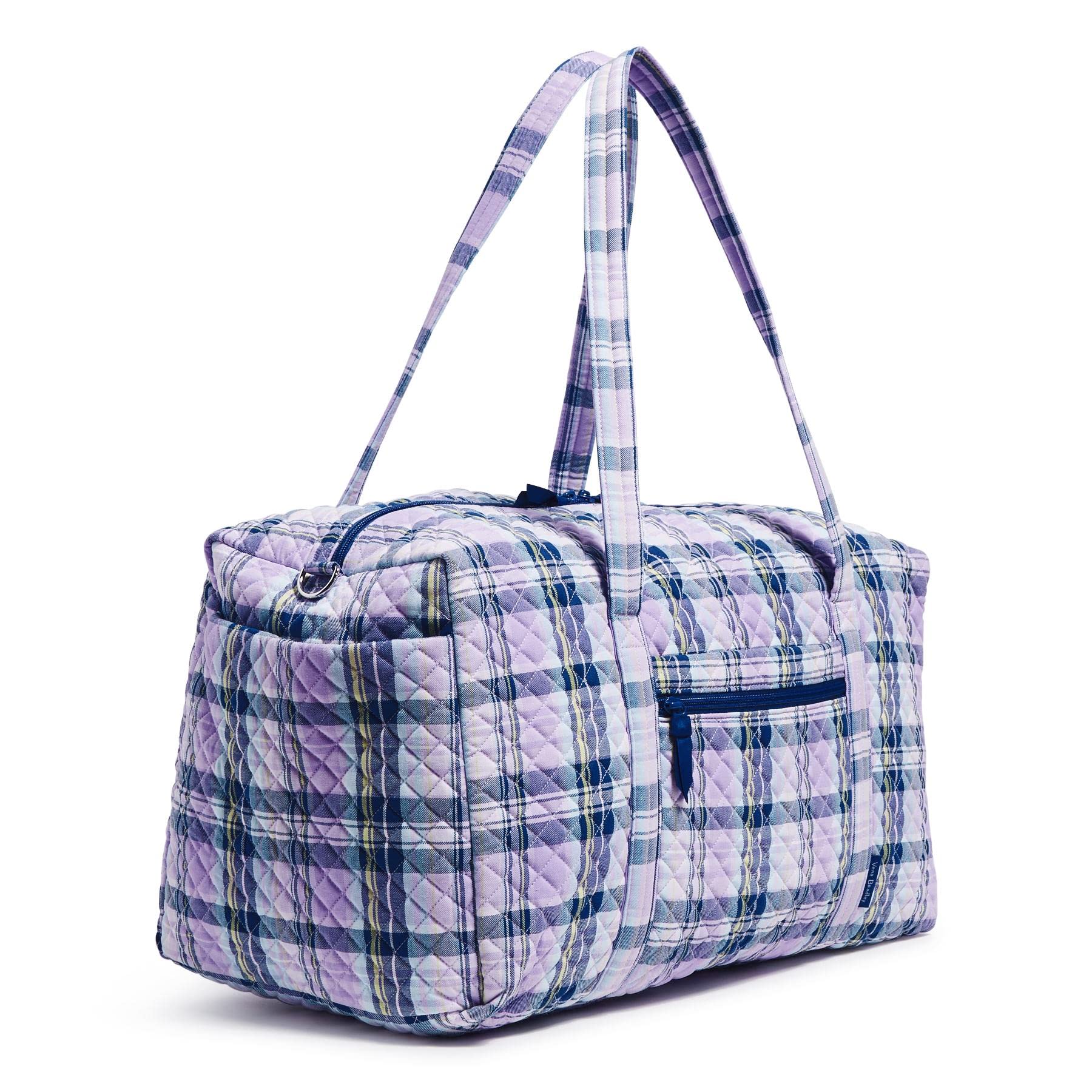 Vera Bradley Women's Large Cotton Travel Duffel Bag - Amethyst Plaid Pattern, Eco-Friendly Recycled Cotton, Spacious Carry-On for Gym, Weekend Trips & Vacation