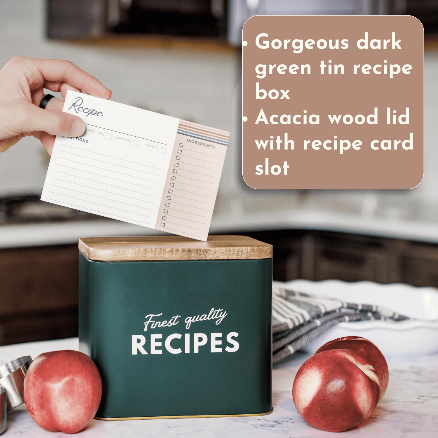 Vintage Acacia Wood Recipe Box with 50 Cards & 12 Dividers - Boho Style Recipe Organizer with Handwritten Lettering - Perfect for Kitchen Storage, Meal Planning & Gift Giving