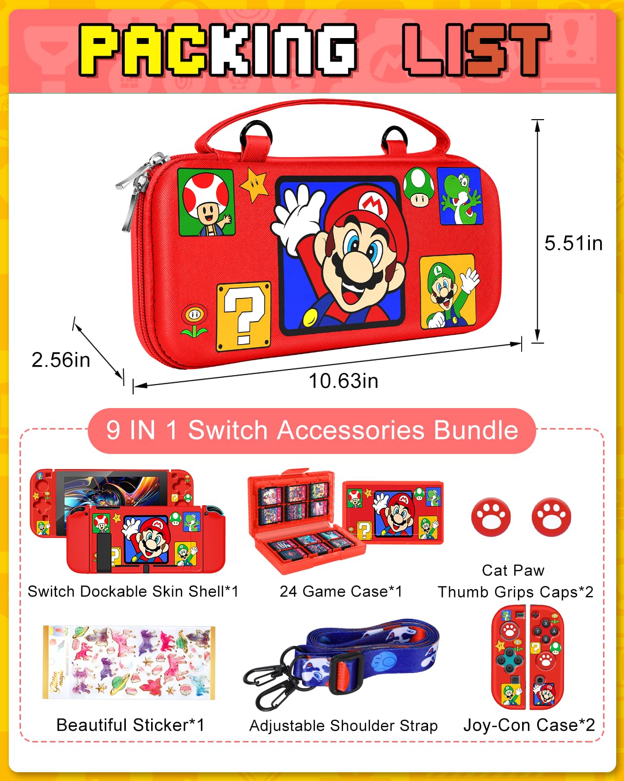 Nintendo Switch 9-in-1 Storage Accessories Kit - Travel Carrying Case, Protective Cover, Game Holder, Strap, Stickers, Joycon Shells & Thumb Caps for Boys, Girls & Kids (Red) | Perfect for Travel, Gaming Parties & Switch Protection