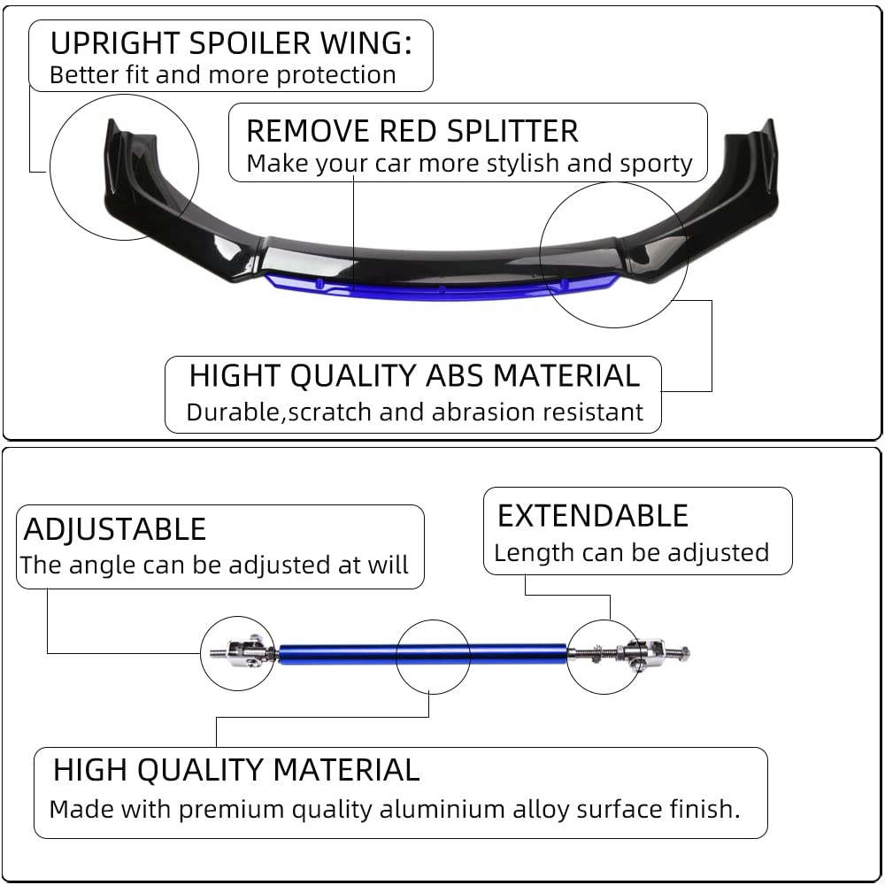 Universal Front Bumper Lip Body Kit - Glossy Black & Blue ABS Front Spoiler Splitter with 11”-13