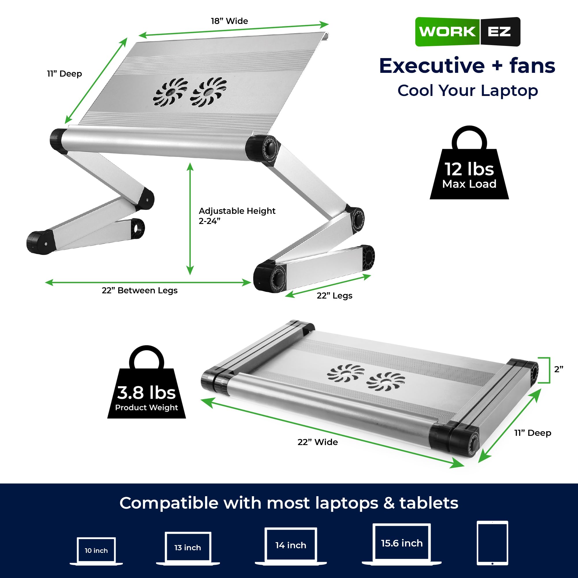 WorkEZ Executive Adjustable Laptop Stand with Cooling Fans & USB Ports - Ergonomic Foldable Portable Computer Riser for Home & Office Desk (Silver) | Perfect for Work, Gaming & Study with Enhanced Airflow & Device Charging
