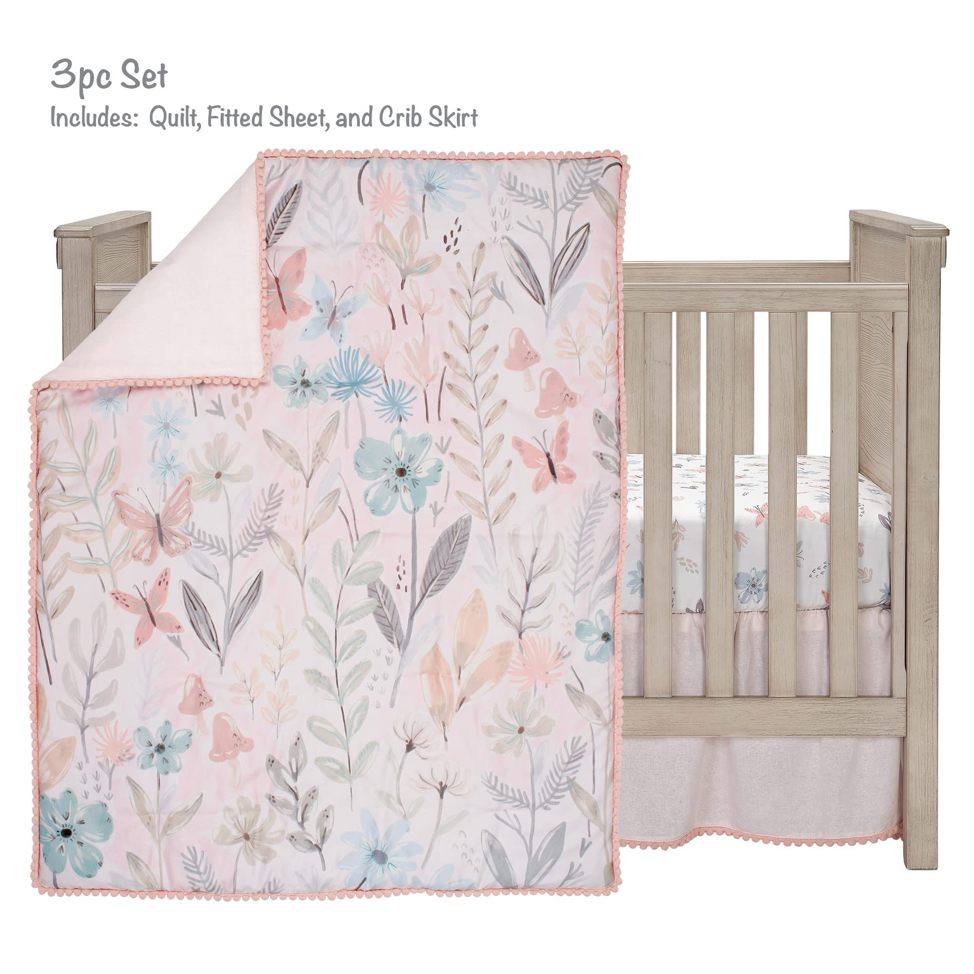 Lambs & Ivy Baby Blooms 3-Piece Pink Floral Butterfly Crib Bedding Set - Soft Nursery Bedding for Girls, Crib Sheet, Skirt & Bumper - Perfect for Baby Showers & Nursery Decor