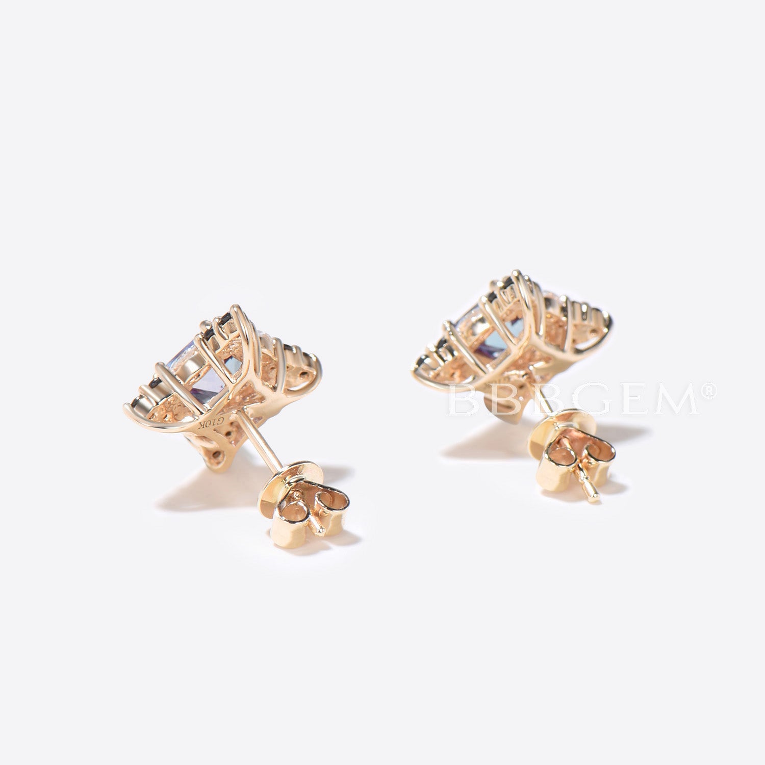Princess Cut Alexandrite Stud Earrings with Halo Moissanite - Elegant Birthstone Jewelry for Women, Perfect for Weddings, Anniversaries & Special Occasions
