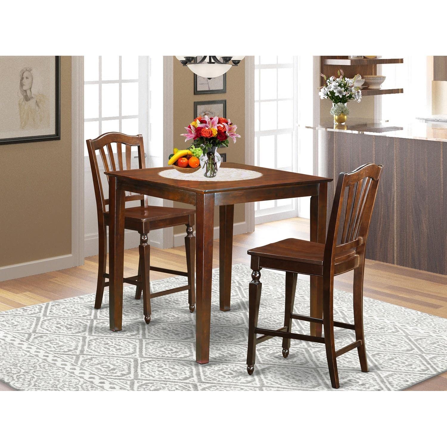 East West Furniture VNCH3-MAH-W 3-Piece Counter Height Pub Set - 36x36 Inch Square Dining Table with 2 Bar Stools, Mahogany Finish - Perfect for Small Kitchens, Breakfast Nooks & Compact Dining Spaces