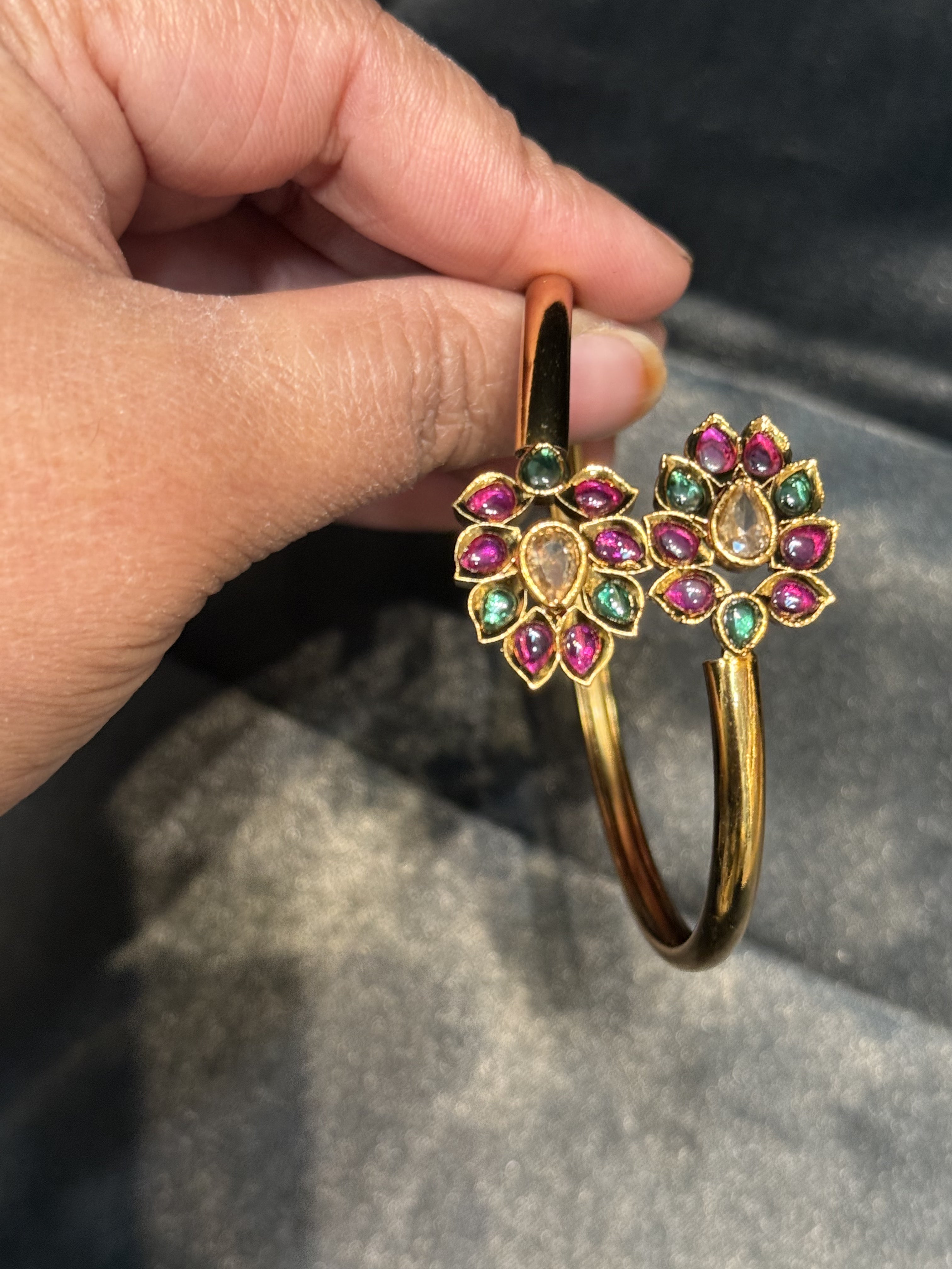 Elegant Gold Plated Bracelet with Pink & Green Stones and Floral Design - Perfect for Parties, Weddings & Special Occasions
